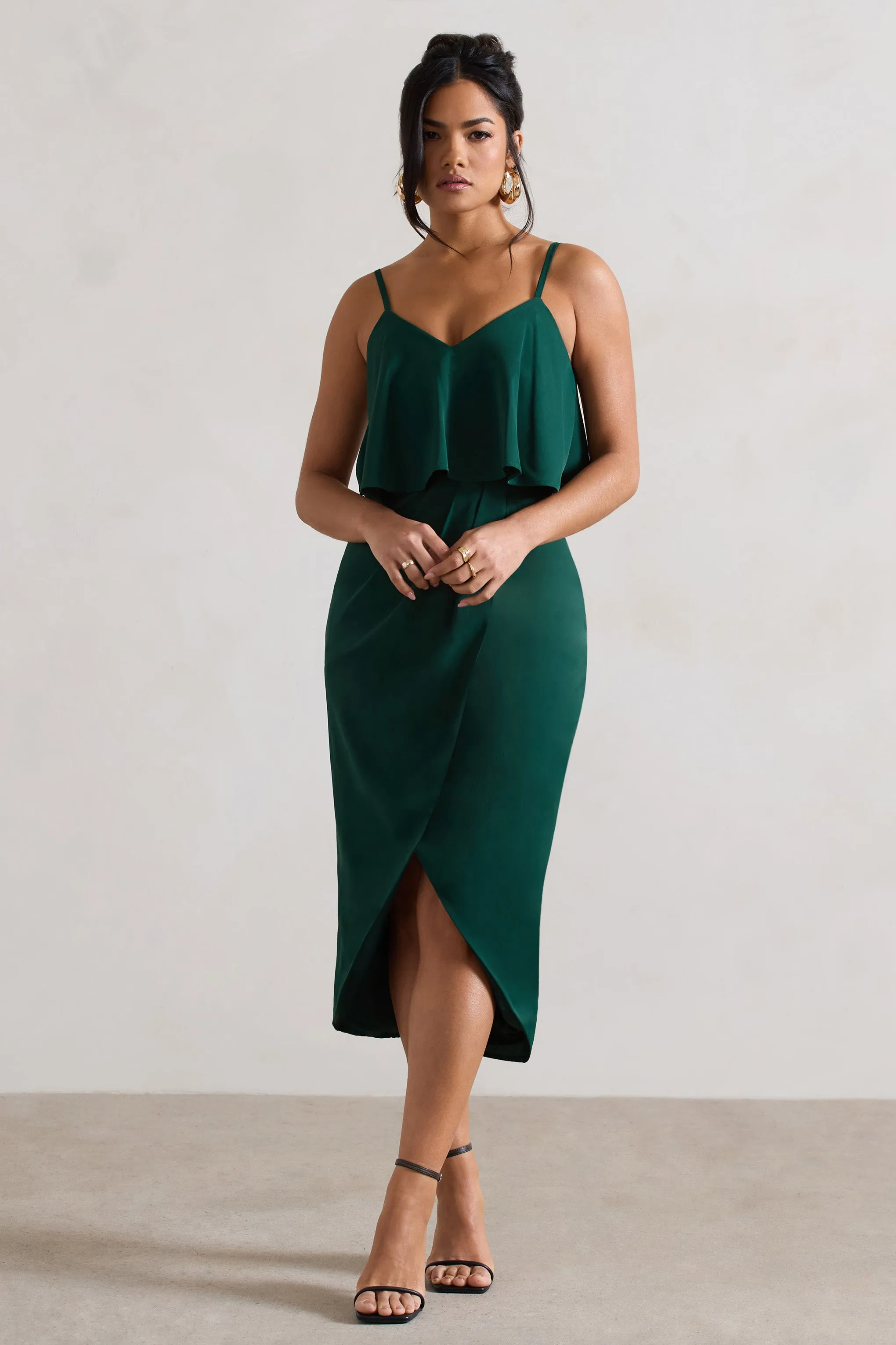 Faro | Bottle Green Strappy Draped-Neck Wrap Midi Dress Club L London