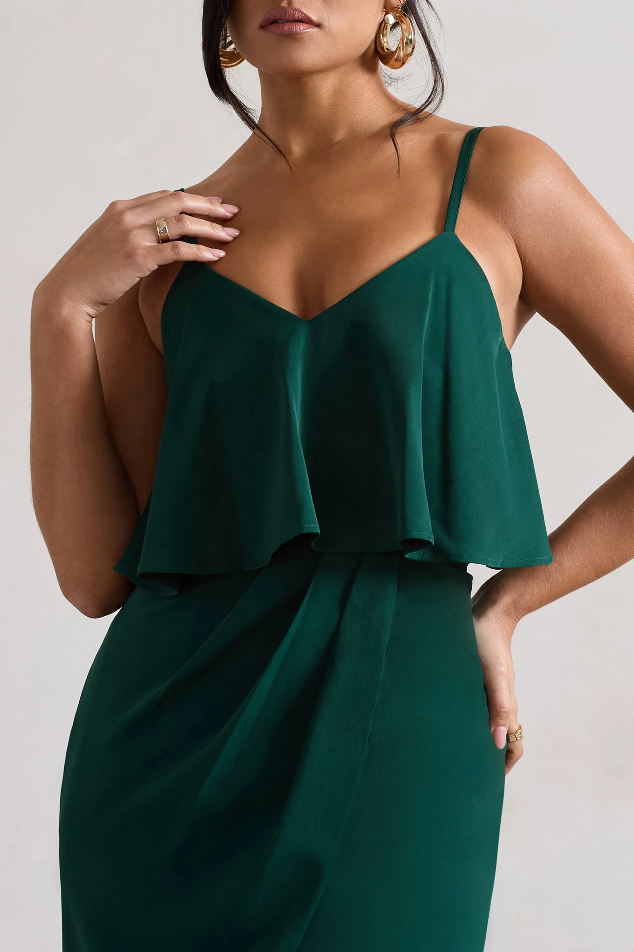 Faro | Bottle Green Strappy Draped-Neck Wrap Midi Dress Club L London