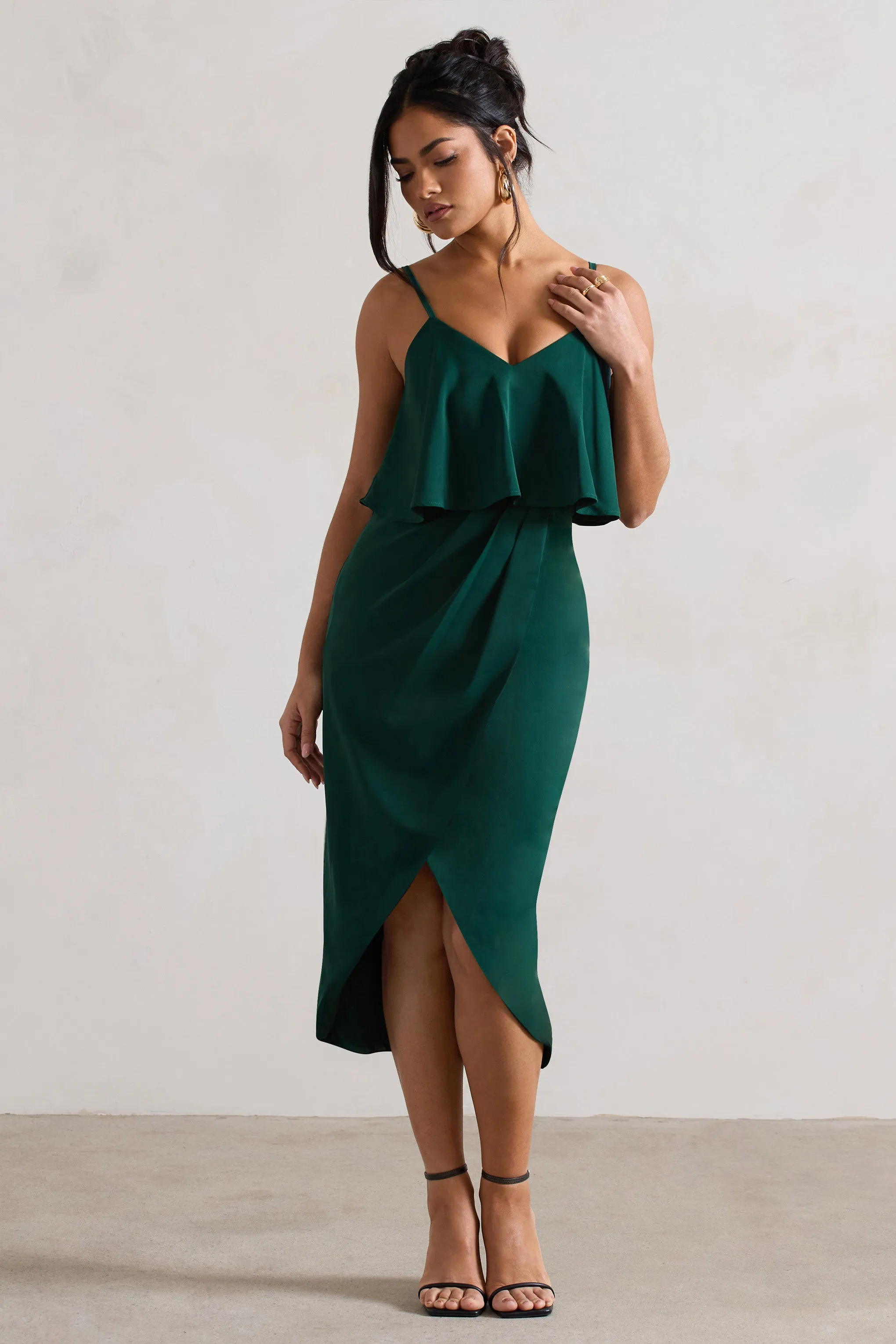 Faro | Bottle Green Strappy Draped-Neck Wrap Midi Dress Club L London
