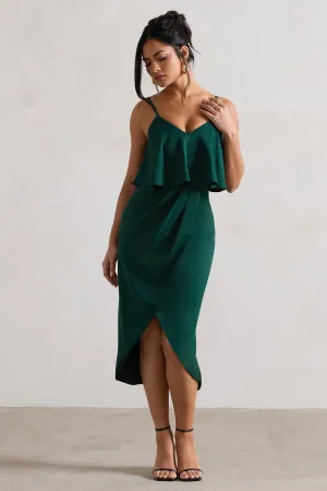 Faro | Bottle Green Strappy Draped-Neck Wrap Midi Dress Club L London