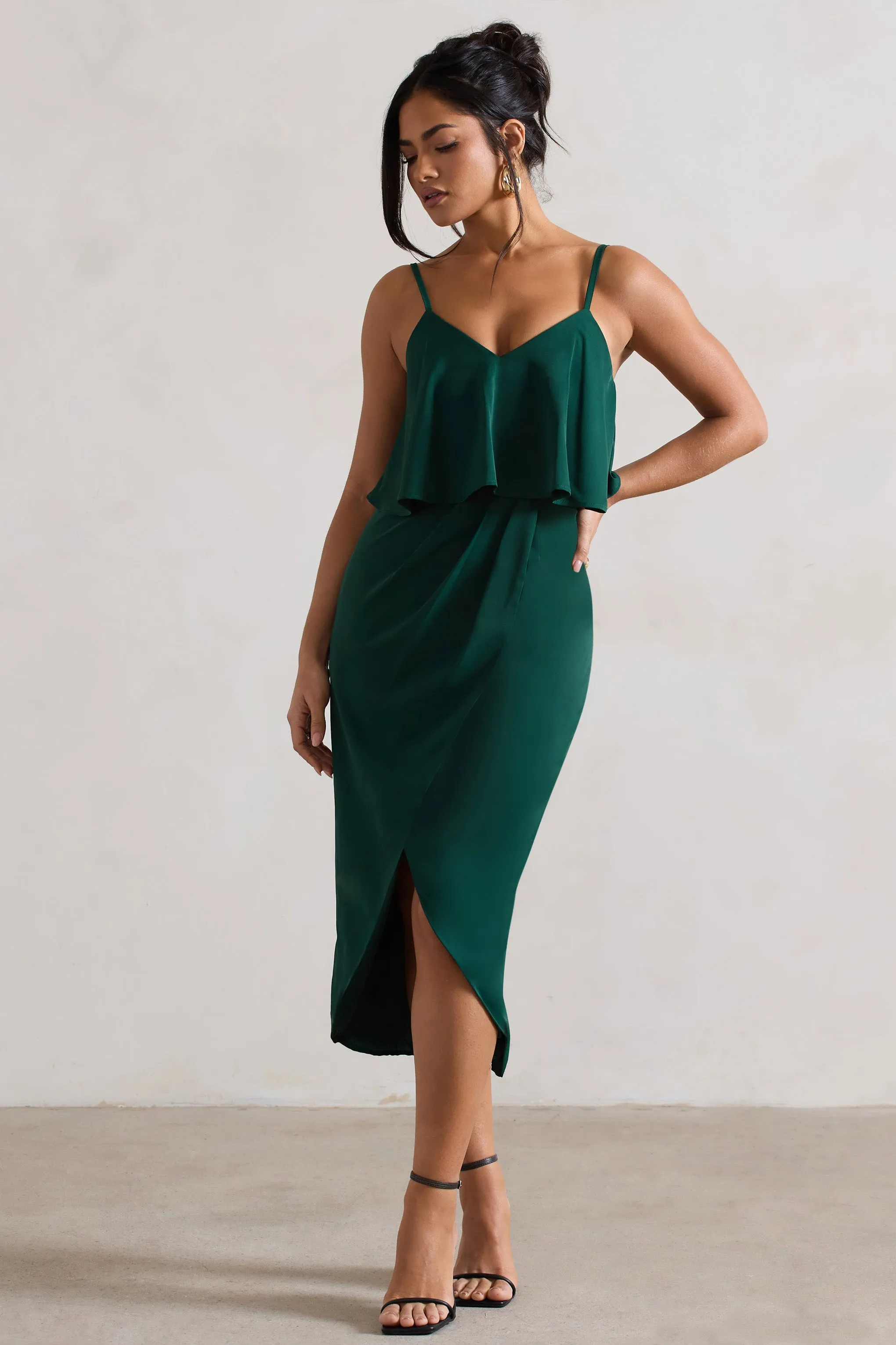 Faro | Bottle Green Strappy Draped-Neck Wrap Midi Dress Club L London