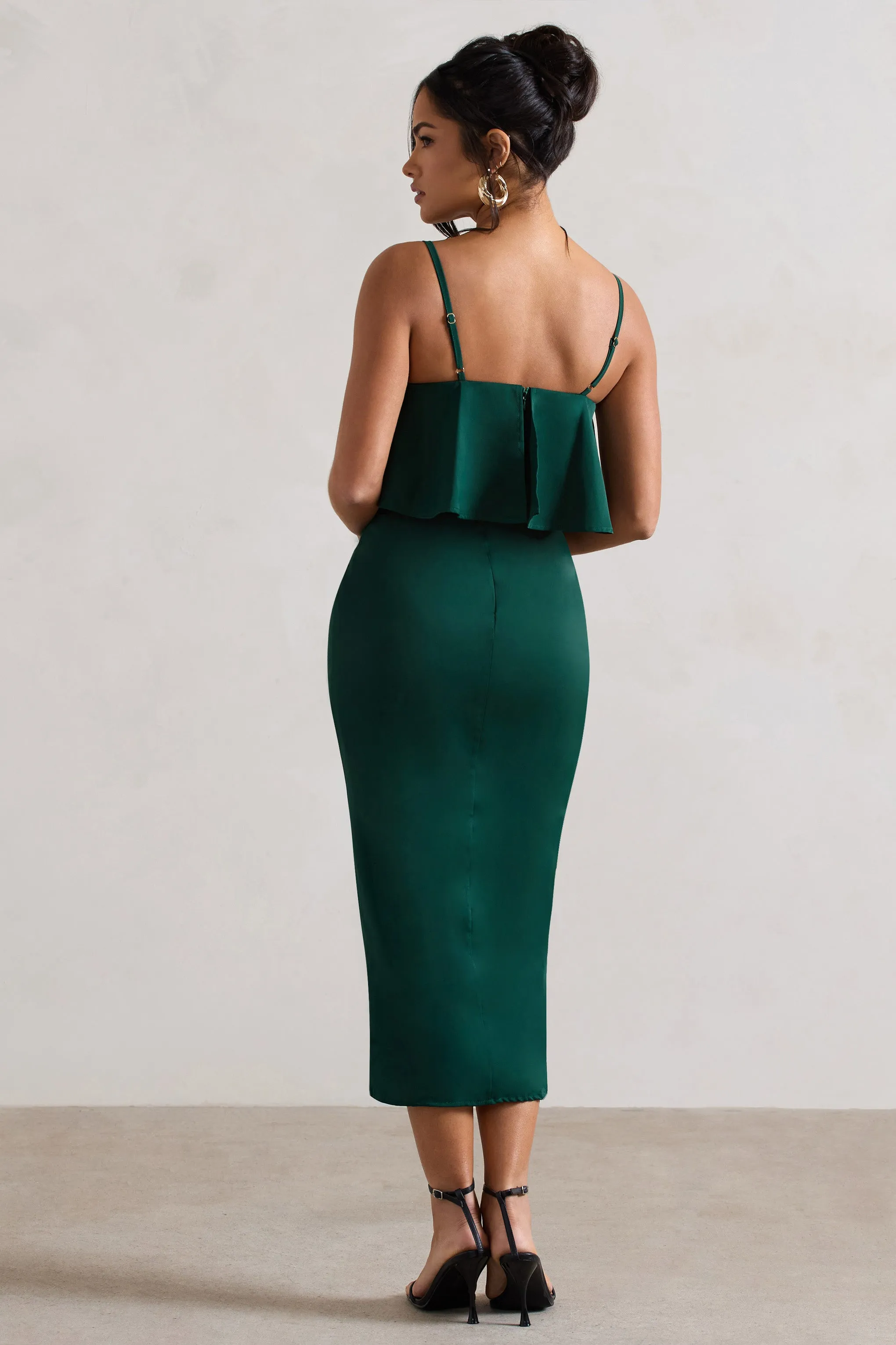 Faro | Bottle Green Strappy Draped-Neck Wrap Midi Dress Club L London