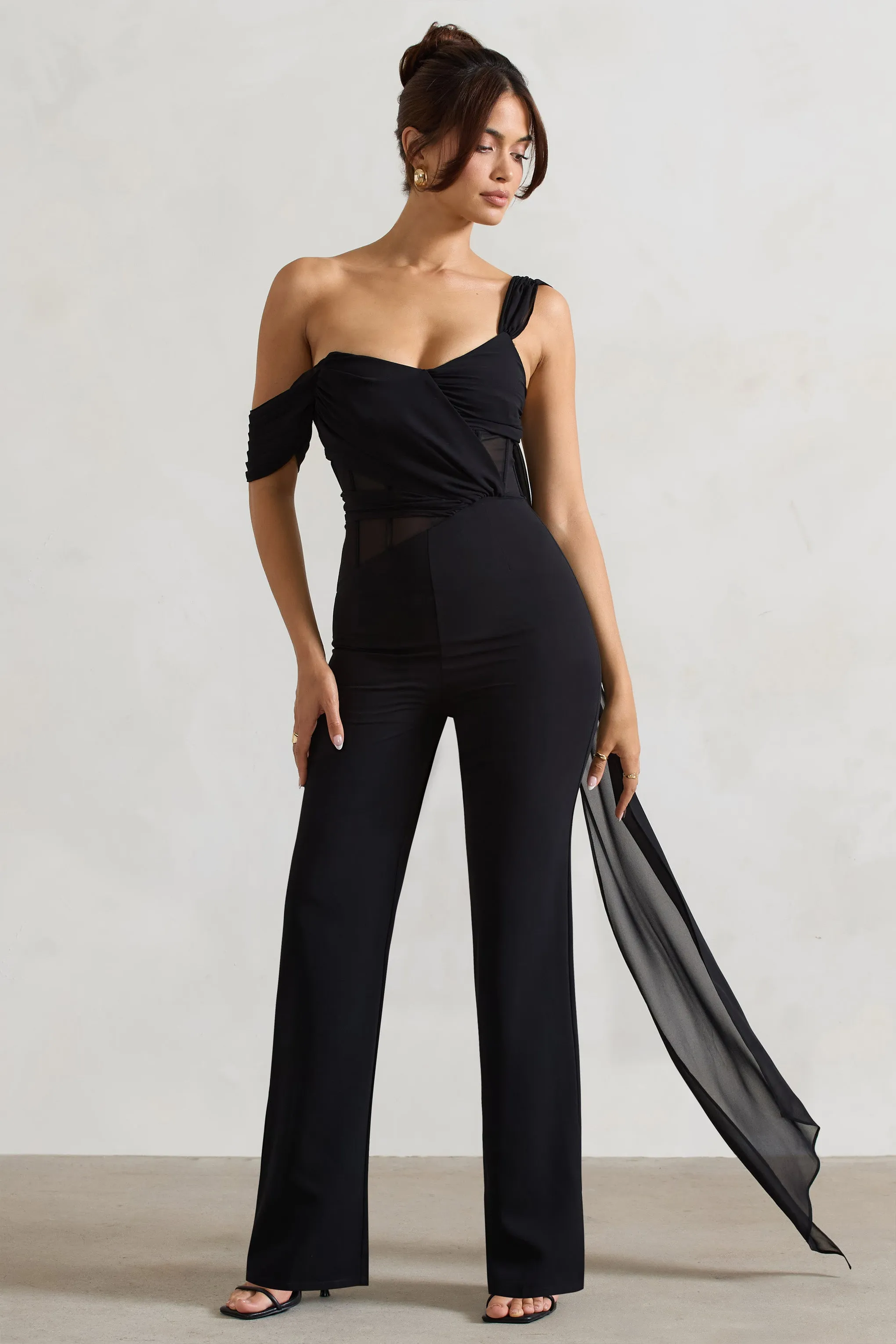 Fatale | Black Draped-Sleeve Corseted Jumpsuit With Sash Club L London