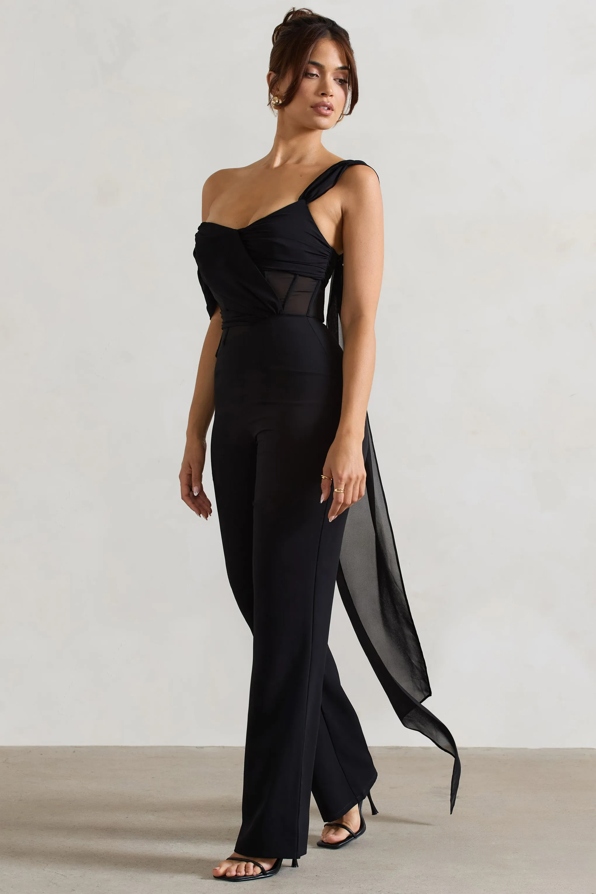Fatale | Black Draped-Sleeve Corseted Jumpsuit With Sash Club L London