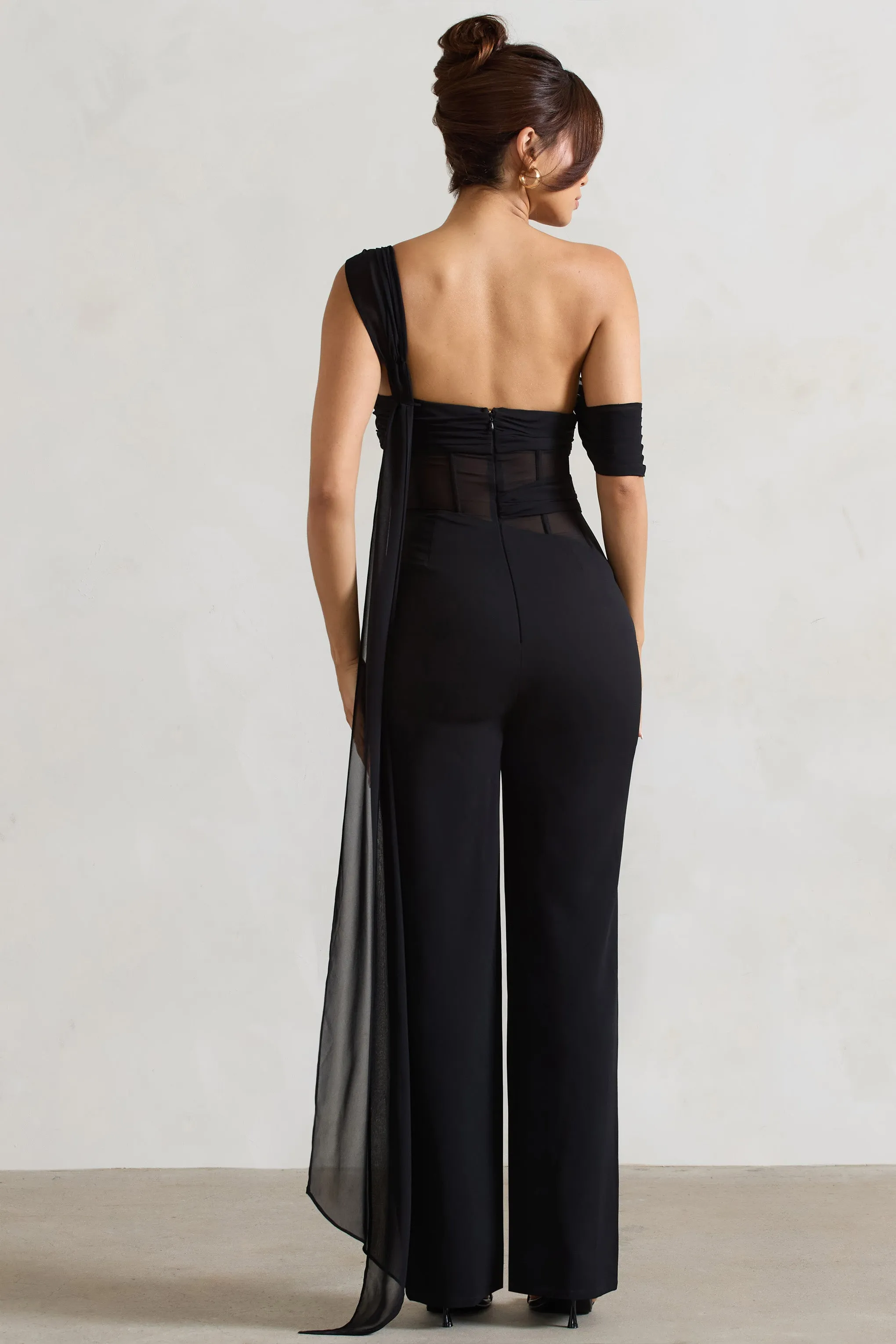 Fatale | Black Draped-Sleeve Corseted Jumpsuit With Sash Club L London