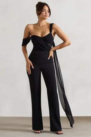 Fatale | Black Draped-Sleeve Corseted Jumpsuit With Sash Club L London
