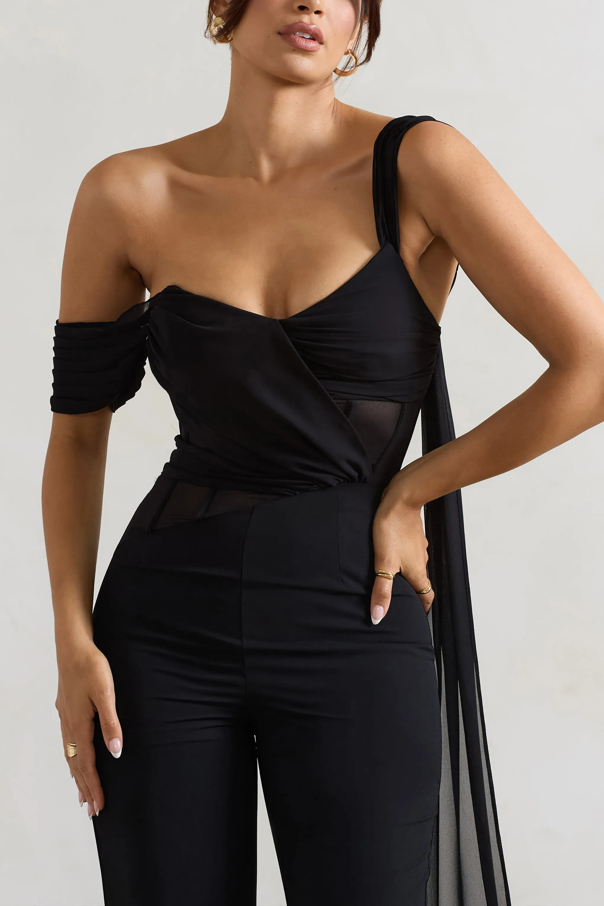 Fatale | Black Draped-Sleeve Corseted Jumpsuit With Sash Club L London