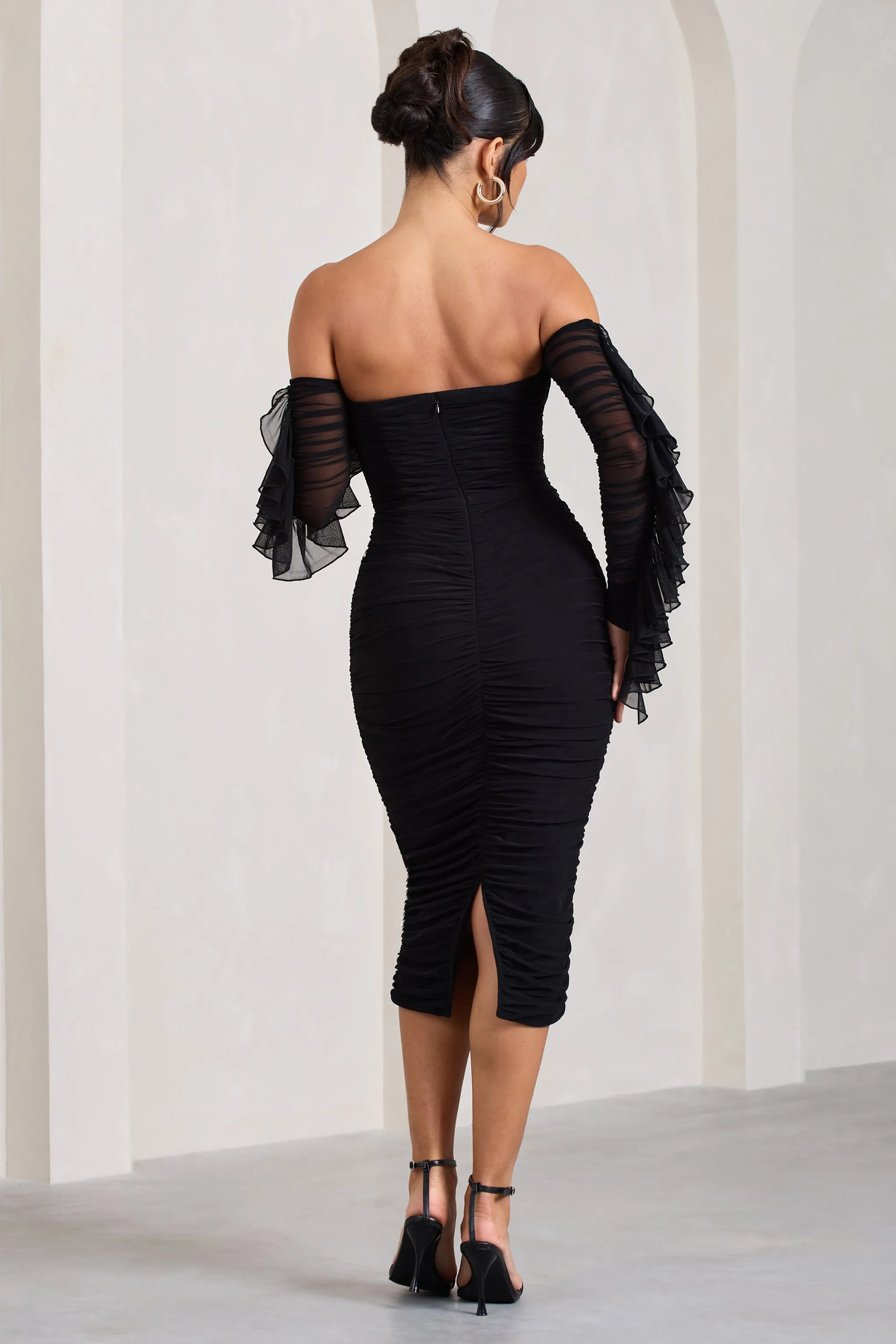 Favor | Black Ruched Mesh Bardot Midi Dress Club L London
