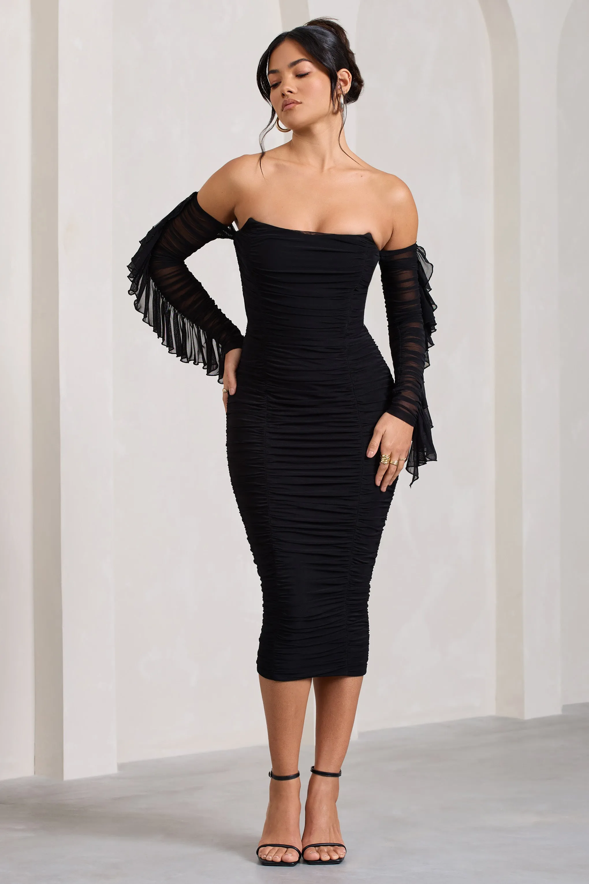 Favor | Black Ruched Mesh Bardot Midi Dress Club L London