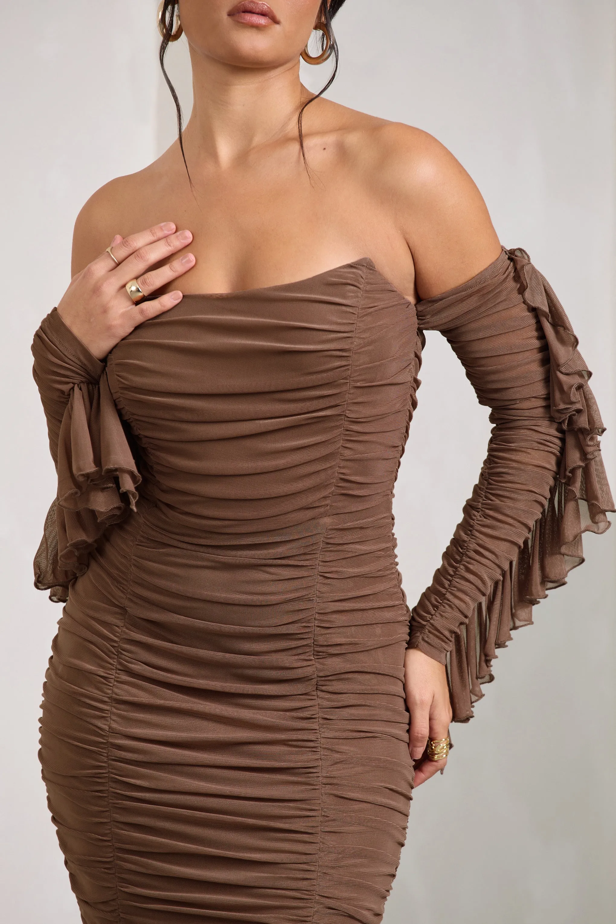 Favor | Mocha Ruched Mesh Bardot Midi Dress Club L London