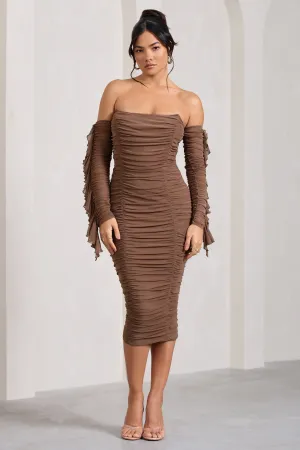 Favor | Mocha Ruched Mesh Bardot Midi Dress Club L London