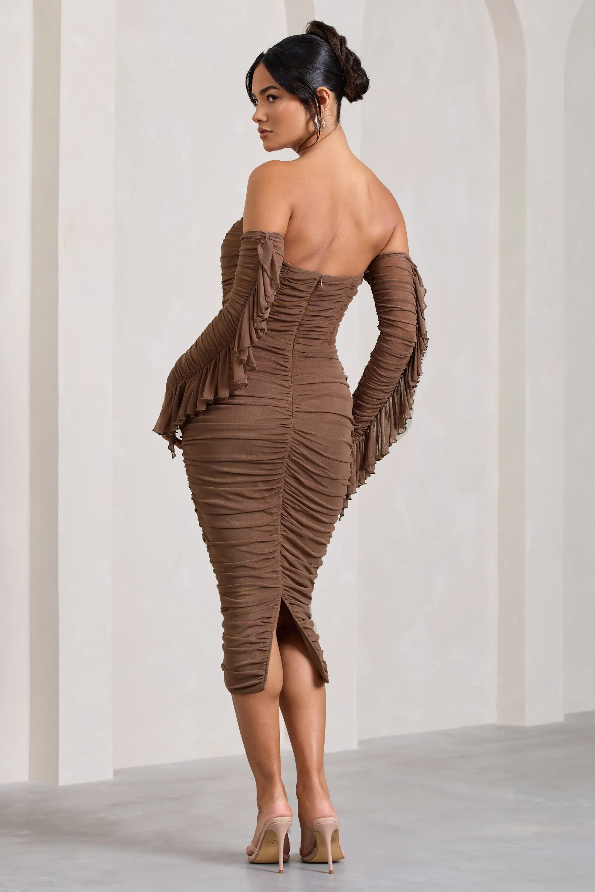 Favor | Mocha Ruched Mesh Bardot Midi Dress Club L London