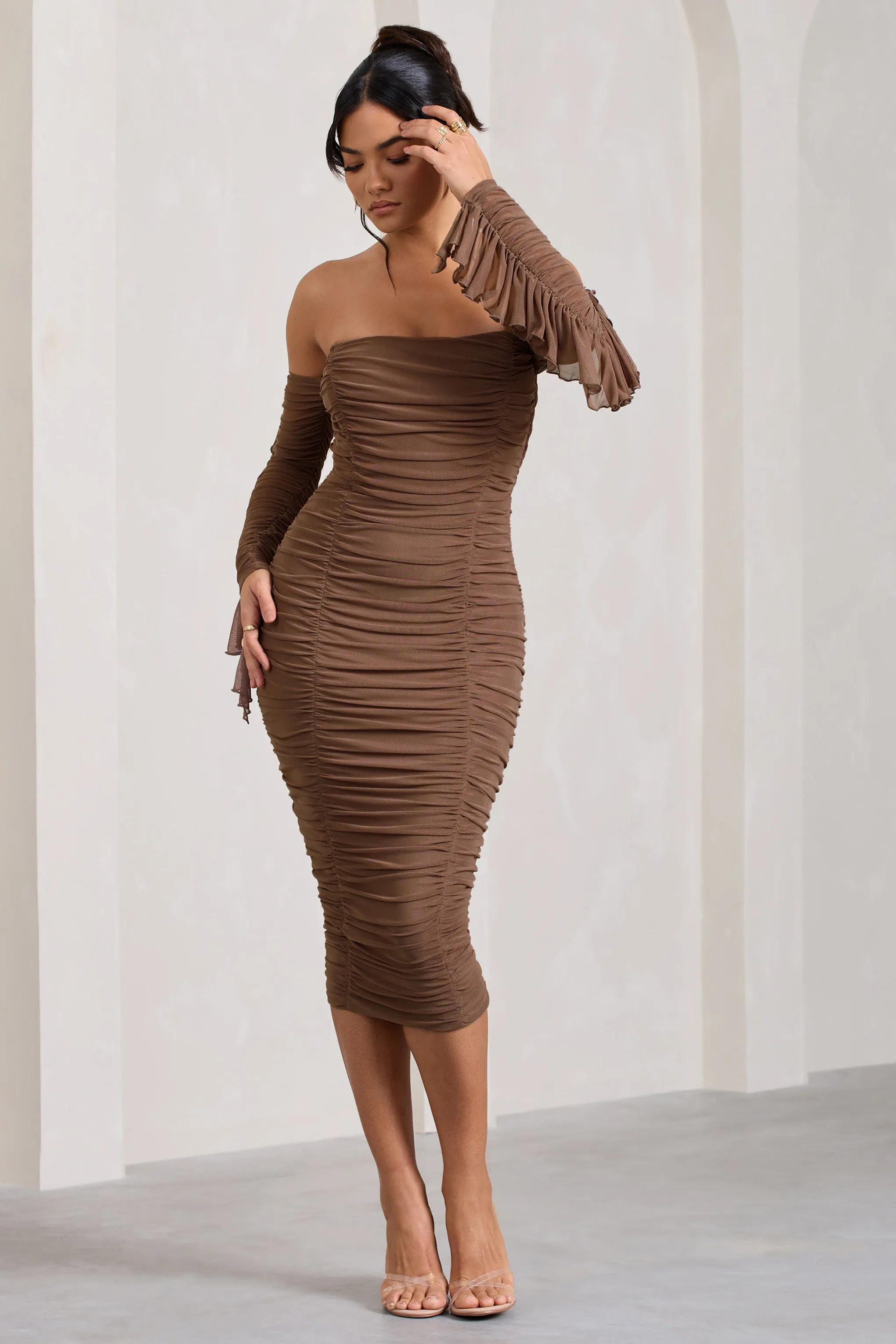 Favor | Mocha Ruched Mesh Bardot Midi Dress Club L London