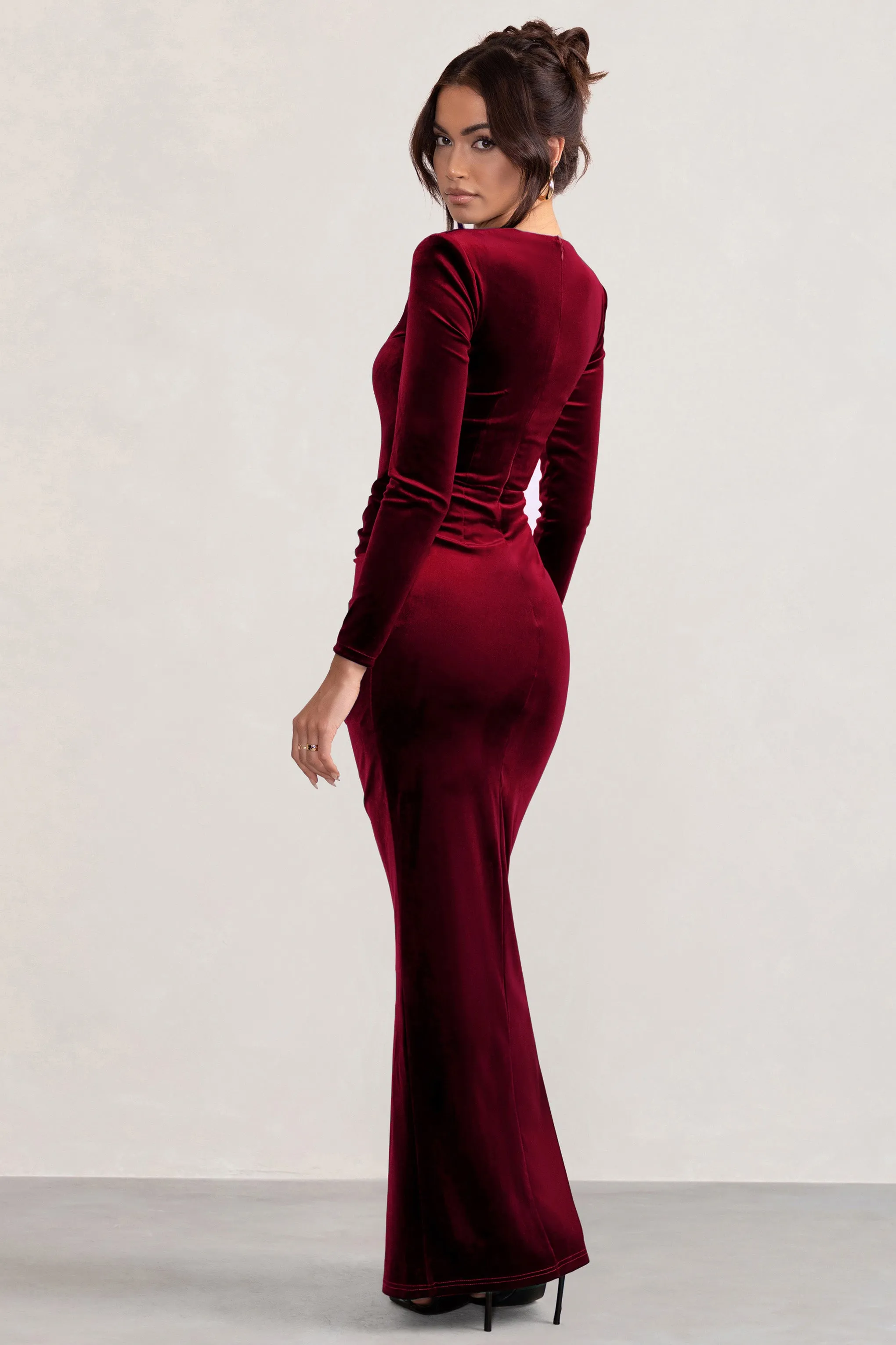 Fay | Berry Velvet Corset Style Knot Maxi Dress Club L London