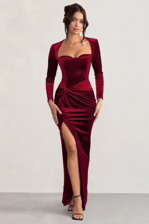 Fay | Berry Velvet Corset Style Knot Maxi Dress Club L London