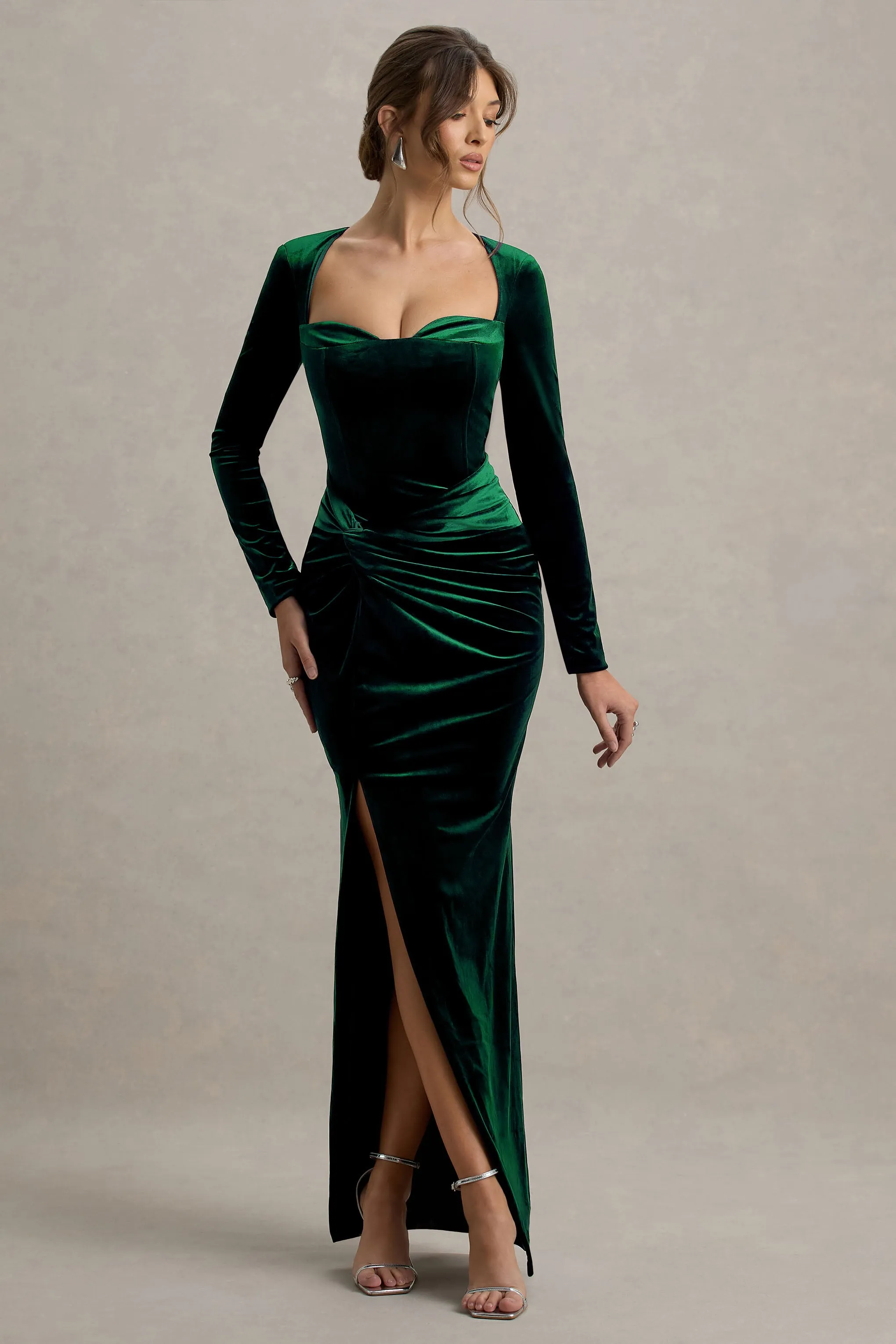 Fay | Bottle Green Velvet Corset Style Knot Maxi Dress Club L London