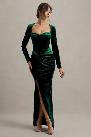 Fay | Bottle Green Velvet Corset Style Knot Maxi Dress Club L London