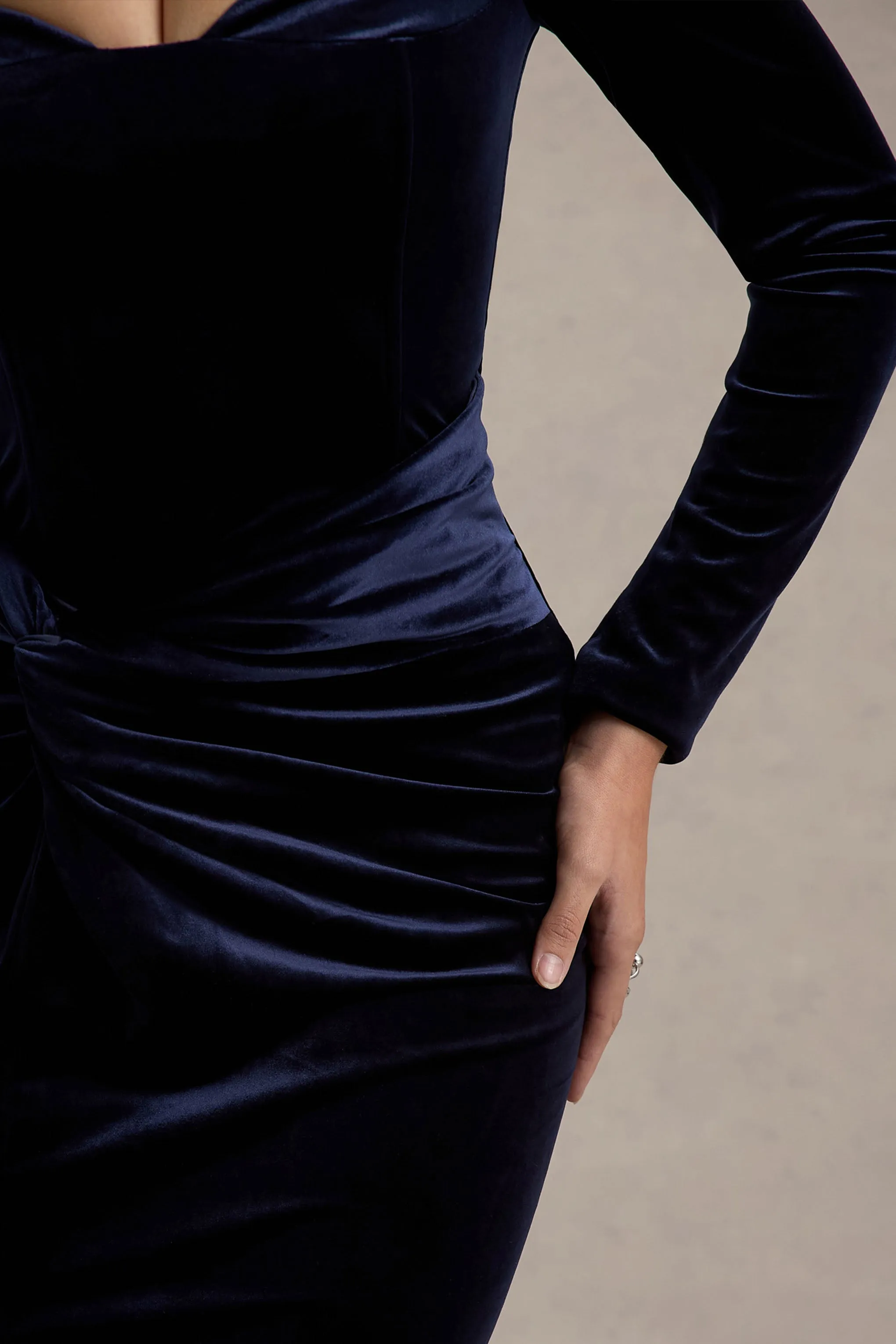 Fay | Navy Velvet Corset Style Knot Maxi Dress Club L London