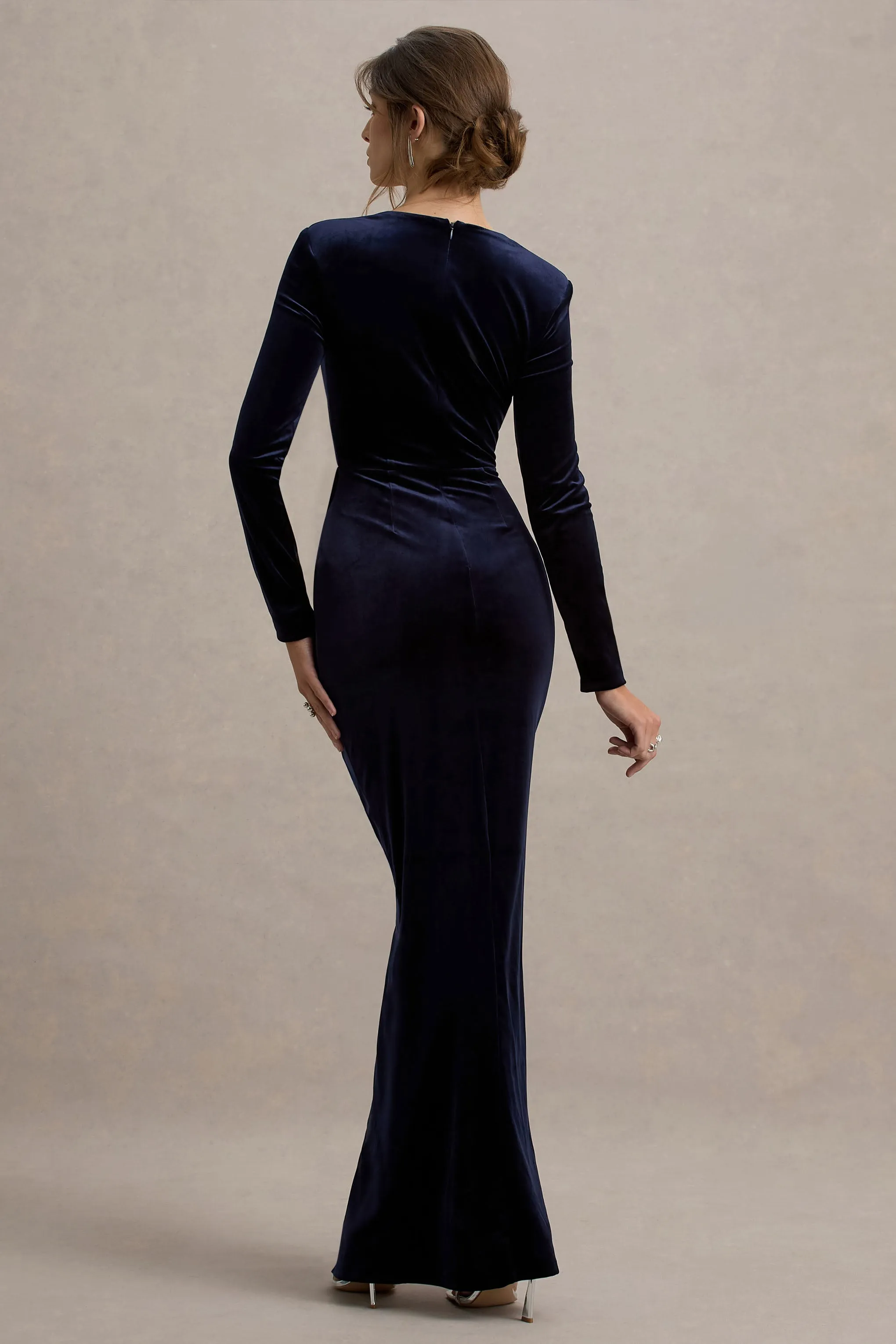 Fay | Navy Velvet Corset Style Knot Maxi Dress Club L London