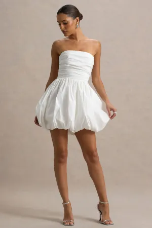 Faye | White Puff Ball Bandeau Micro Mini Dress With Ruching Details Club L London