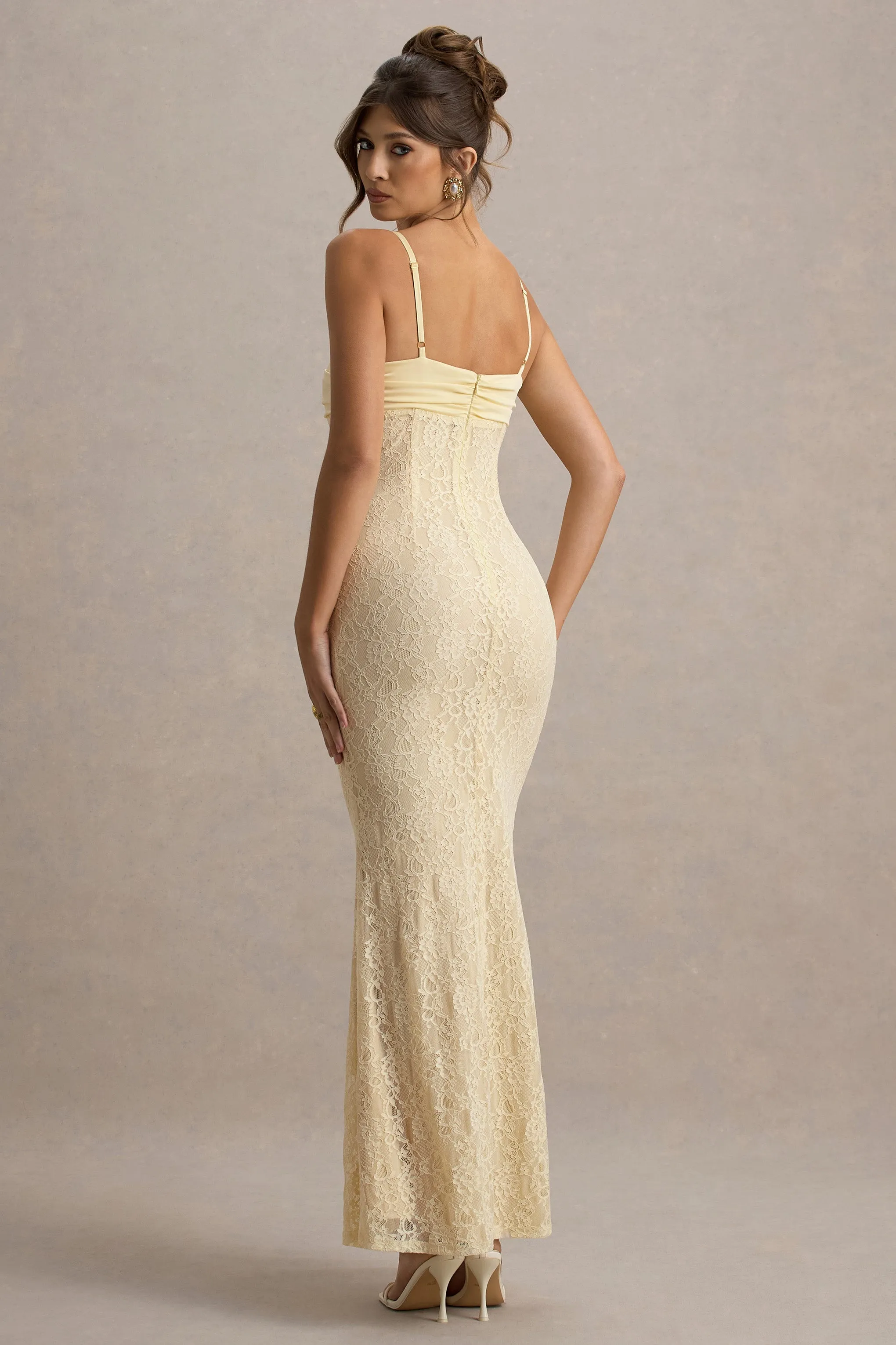 Felicia | Pale Lemon Satin Sweetheart Maxi Dress With Lace Details Club L London
