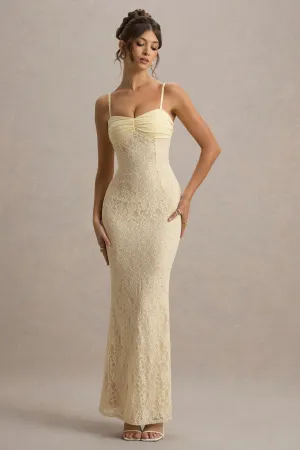 Felicia | Pale Lemon Satin Sweetheart Maxi Dress With Lace Details Club L London