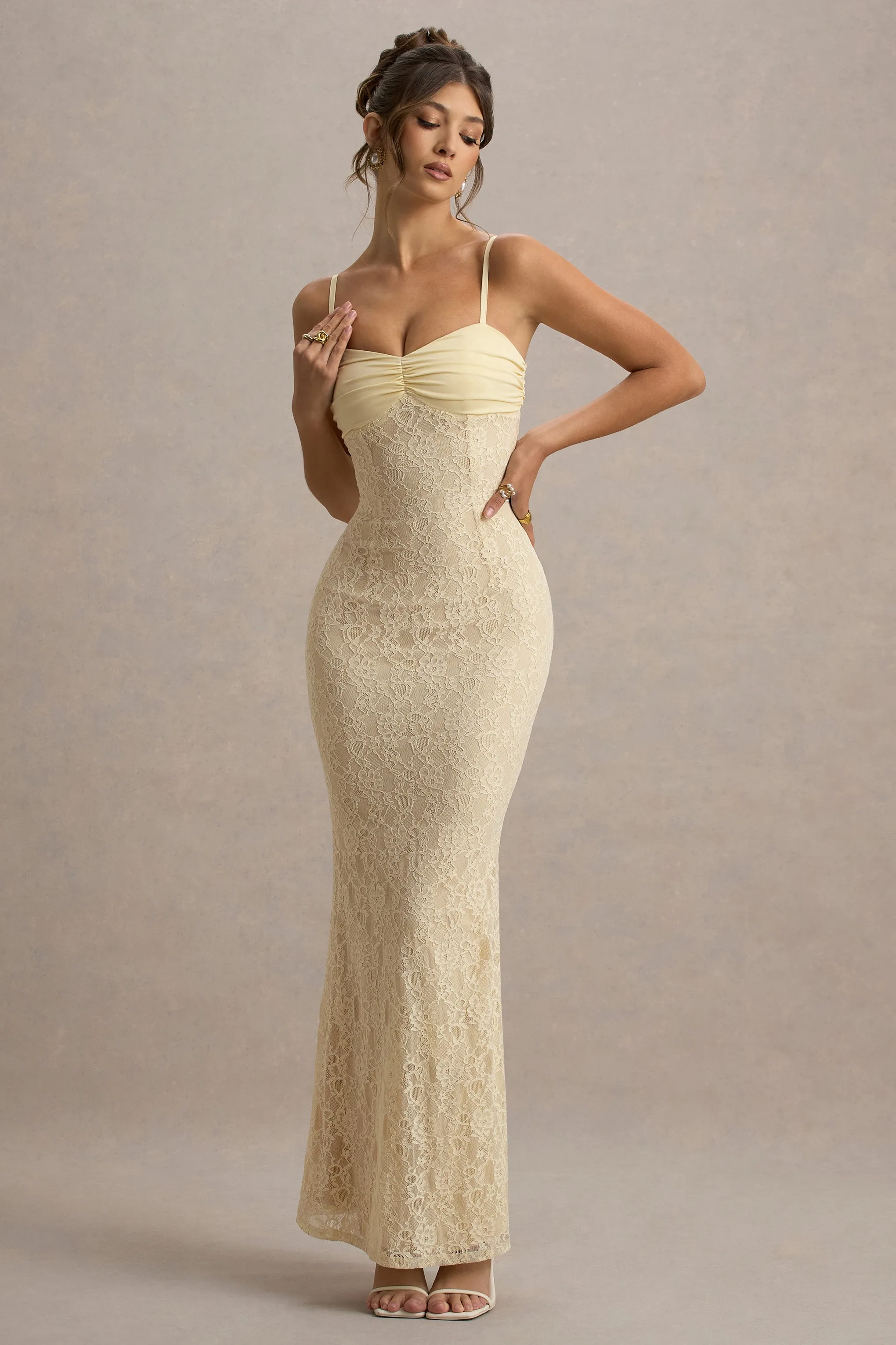 Felicia | Pale Lemon Satin Sweetheart Maxi Dress With Lace Details Club L London