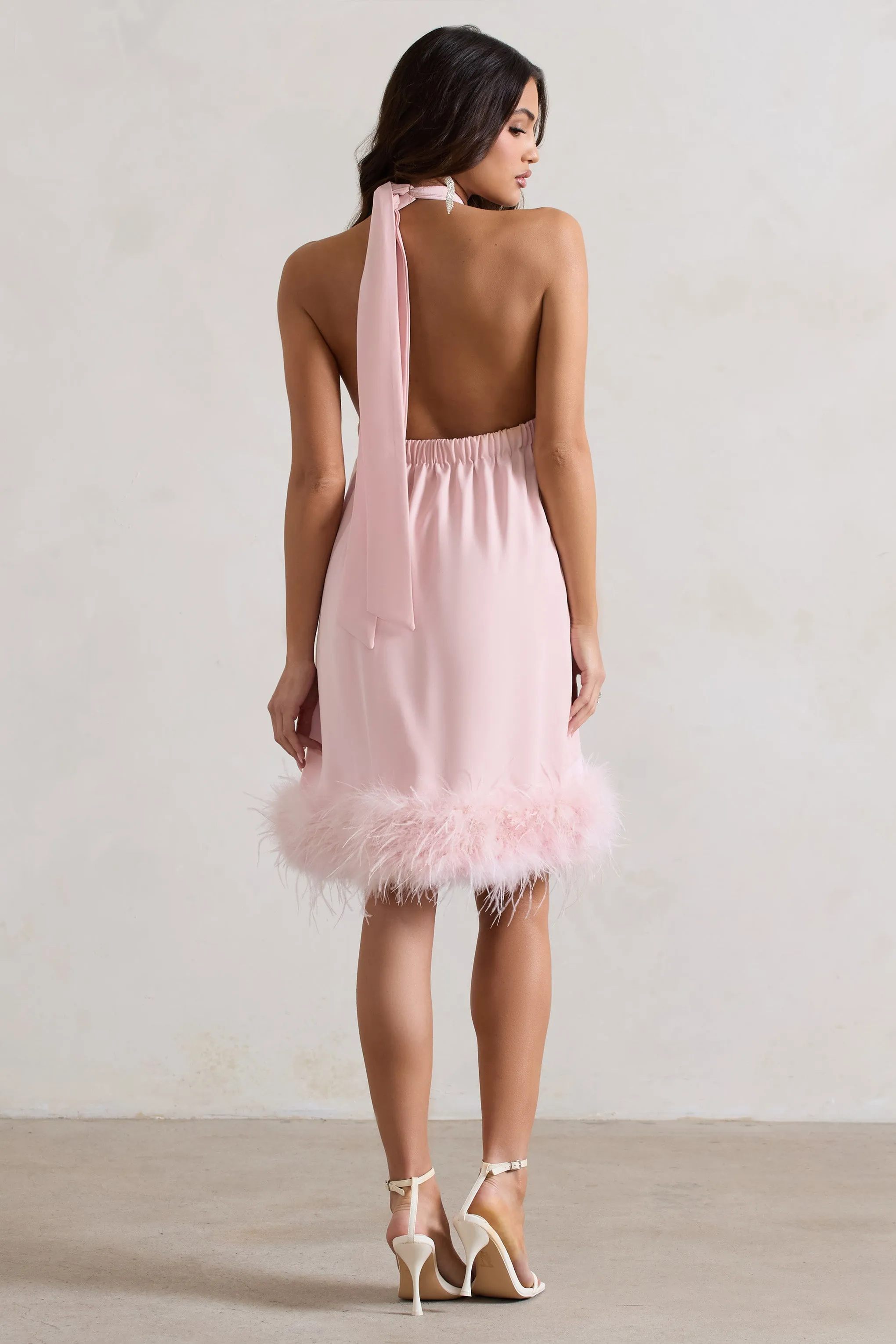 Femme | Pink Halter-Neck Smock Mini Dress With Feather Hem Club L London