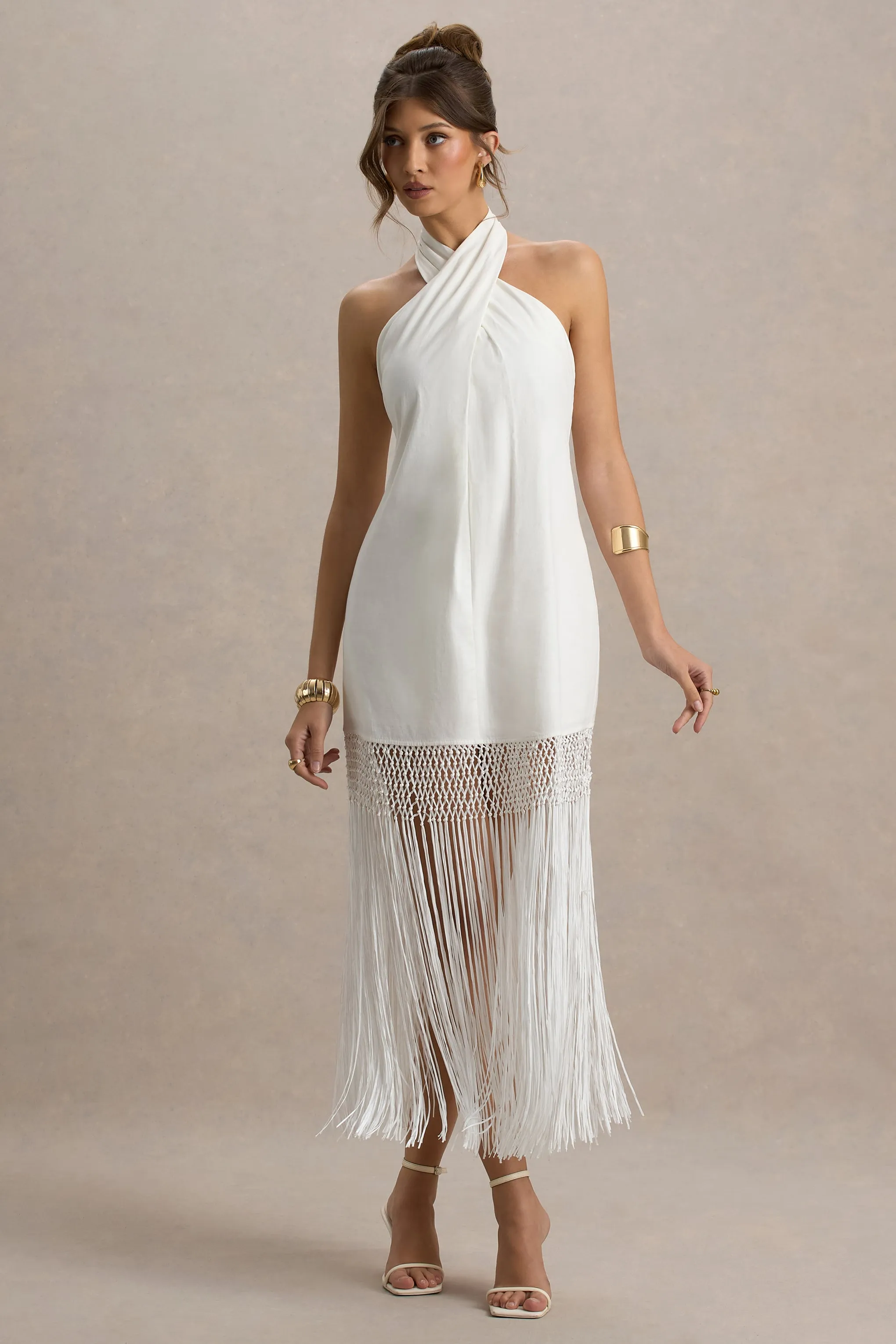 Fiametta | Ecru Linen Halter-Neck Fringe Maxi Dress Club L London