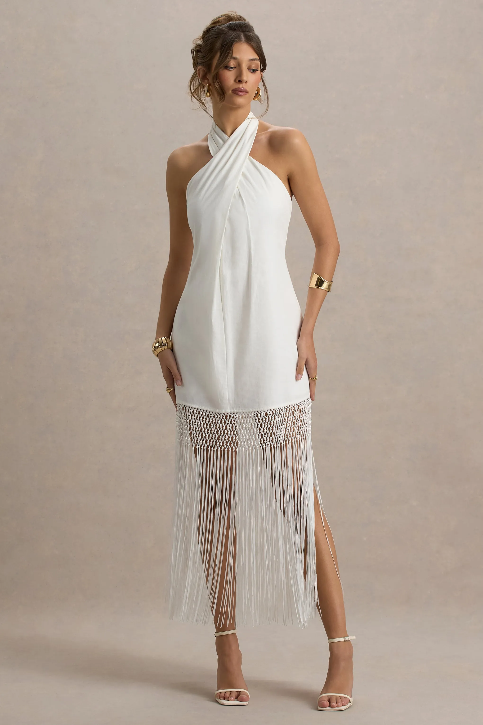 Fiametta | Ecru Linen Halter-Neck Fringe Maxi Dress Club L London