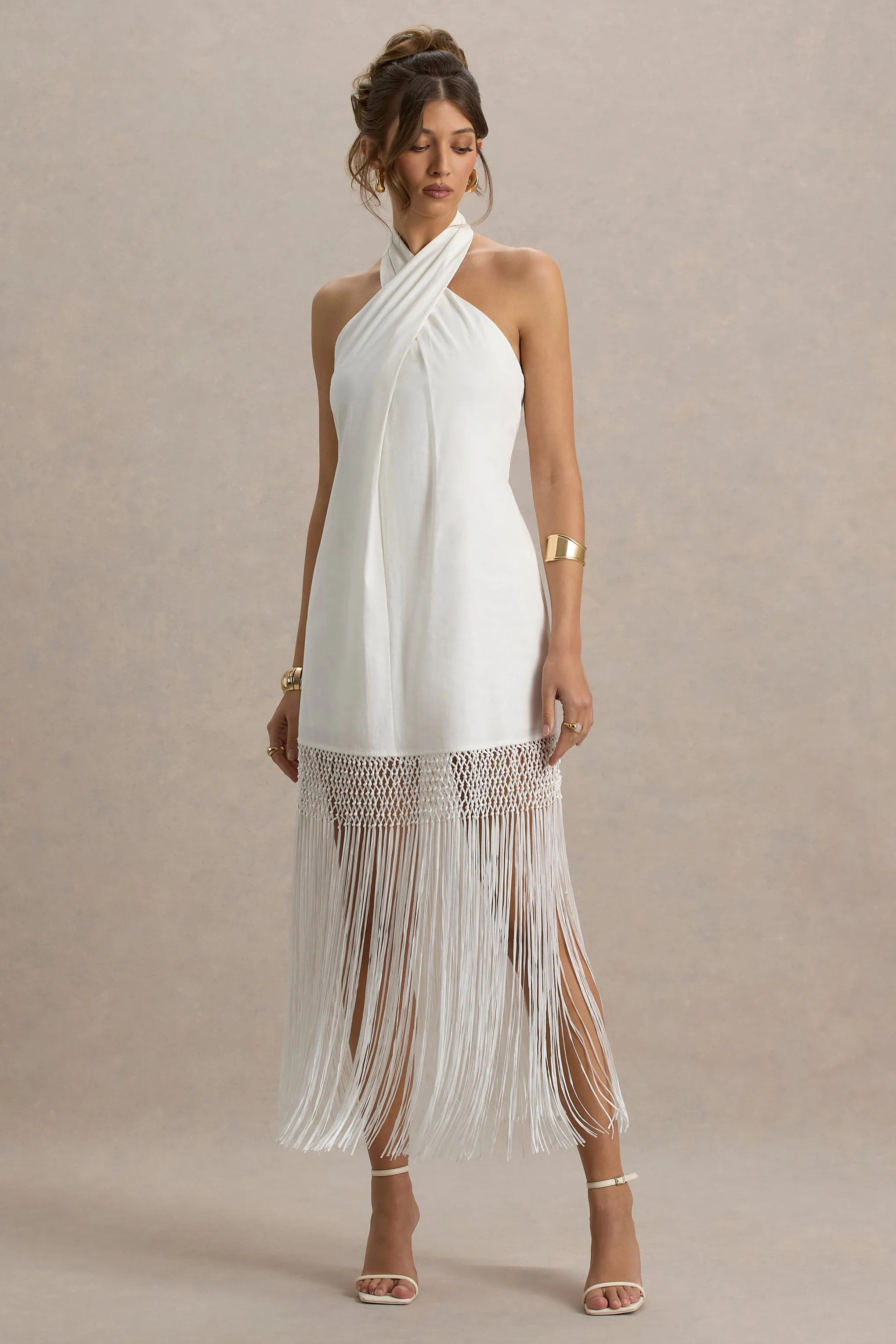 Fiametta | Ecru Linen Halter-Neck Fringe Maxi Dress Club L London