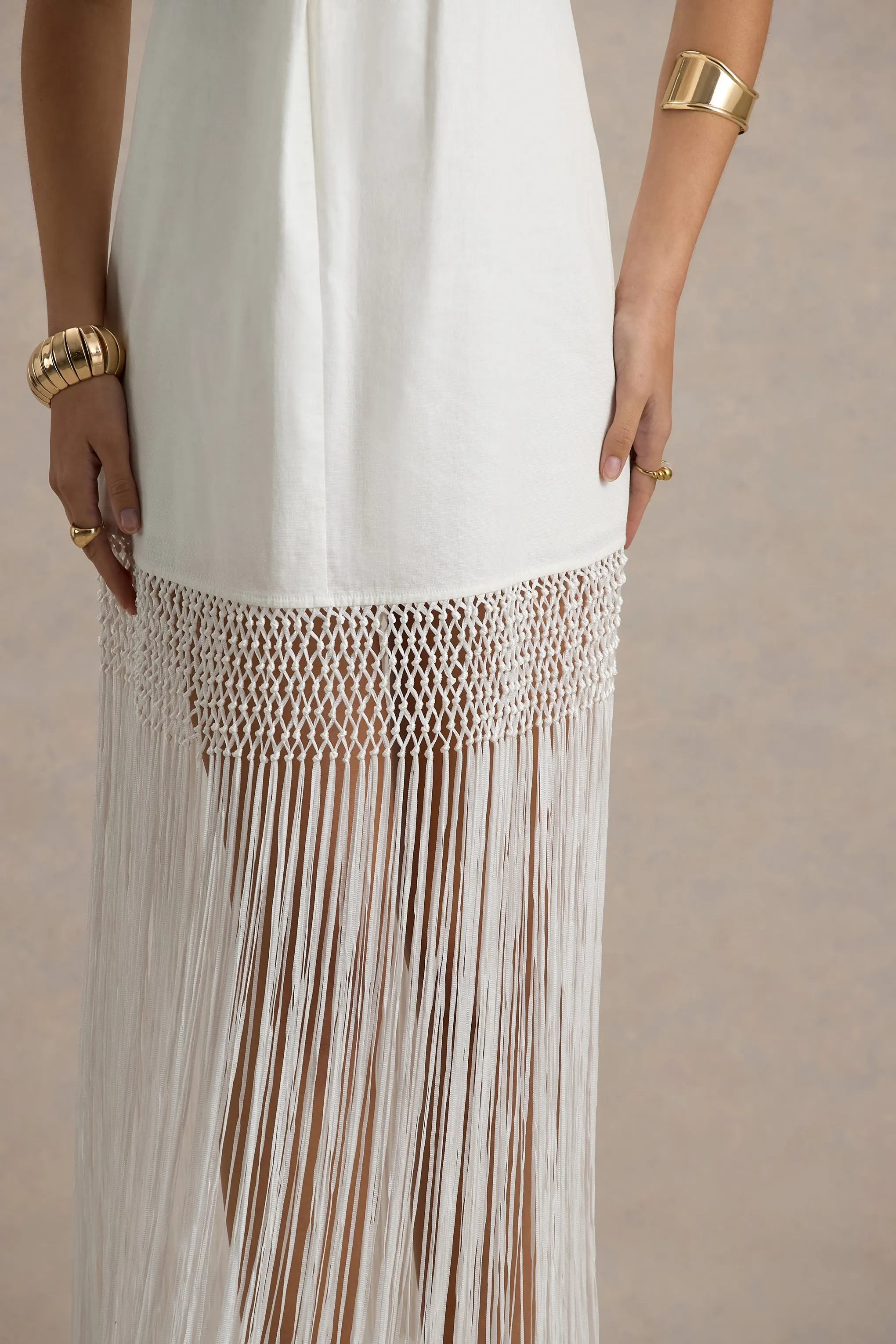 Fiametta | Ecru Linen Halter-Neck Fringe Maxi Dress Club L London