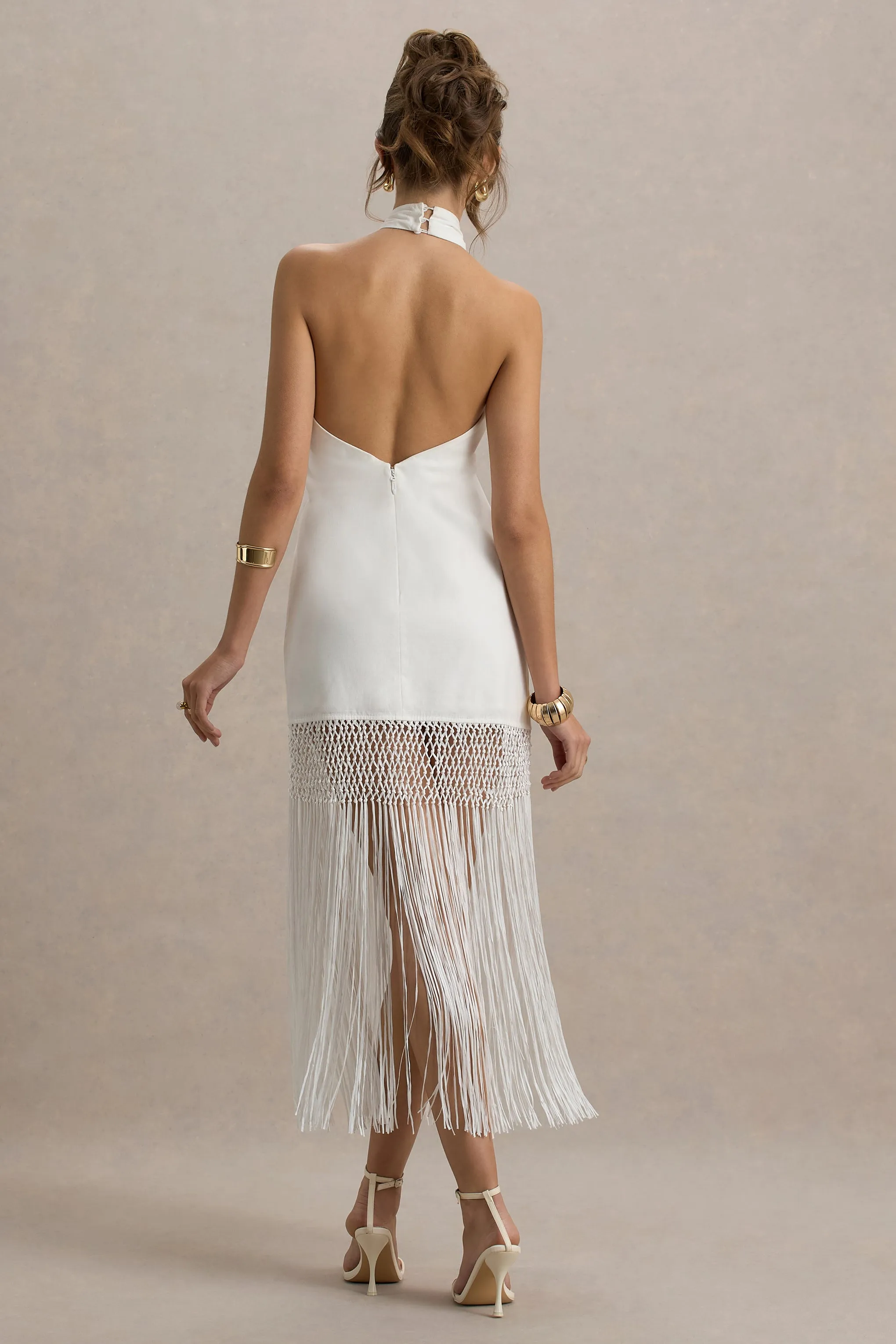 Fiametta | Ecru Linen Halter-Neck Fringe Maxi Dress Club L London
