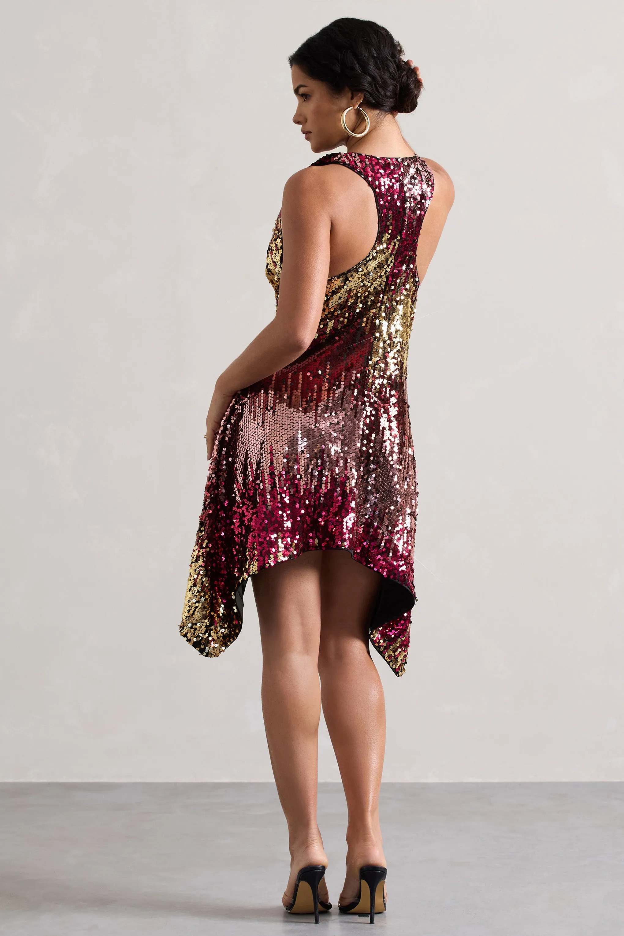 Fiesta | Pink & Gold Sequin Plunge Cowl-Neck Mini Dress Club L London
