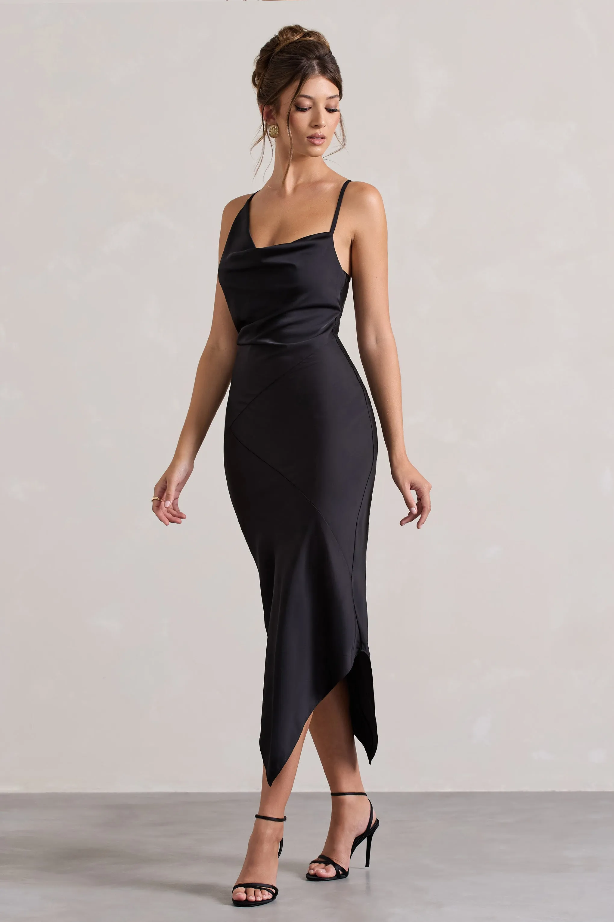 Fillie | Black Satin Asymmetric Cowl-Neck Midi Dress Club L London
