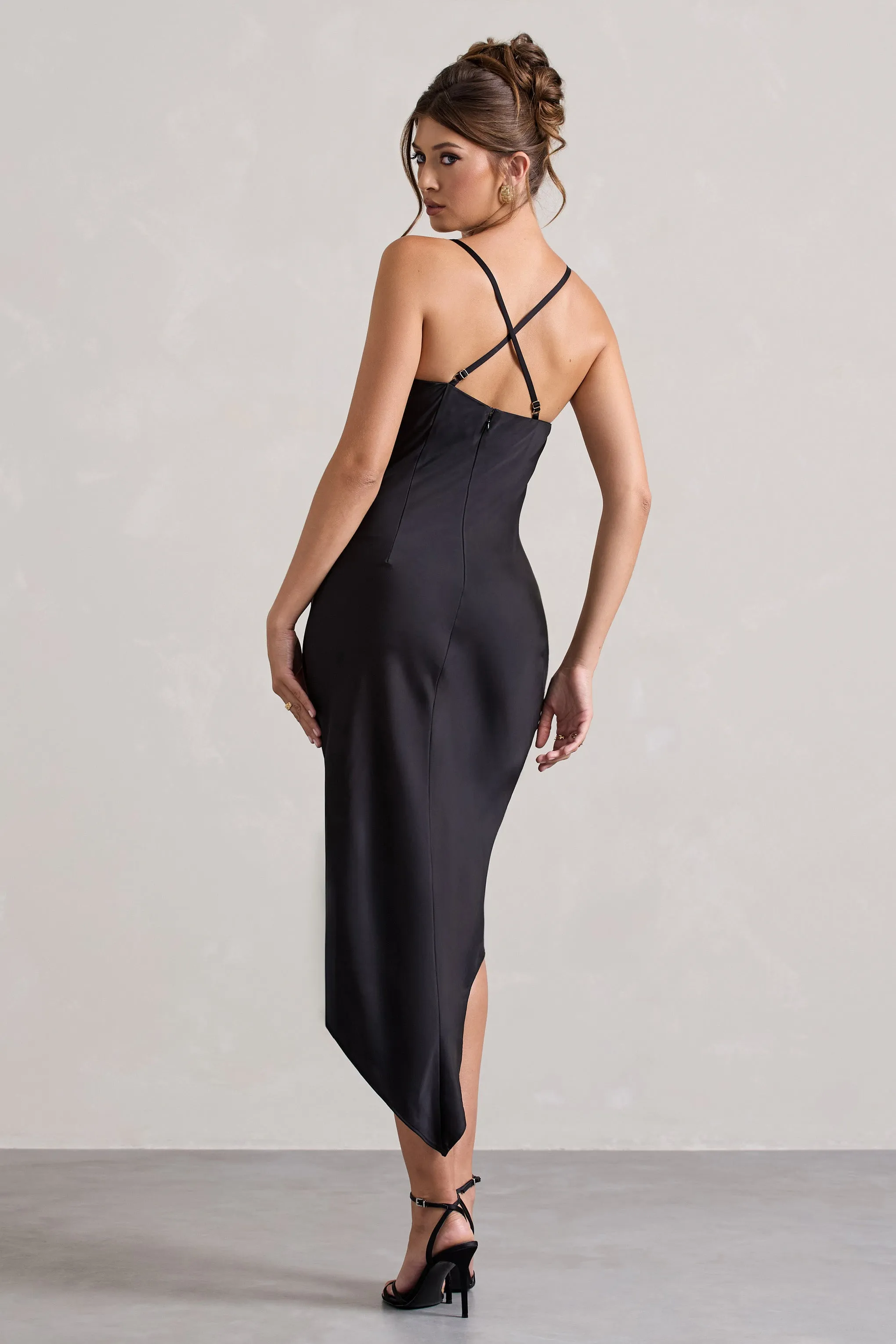 Fillie | Black Satin Asymmetric Cowl-Neck Midi Dress Club L London