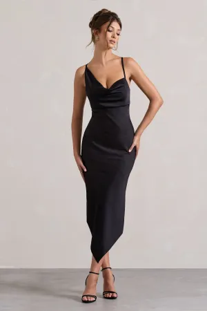 Fillie | Black Satin Asymmetric Cowl-Neck Midi Dress Club L London