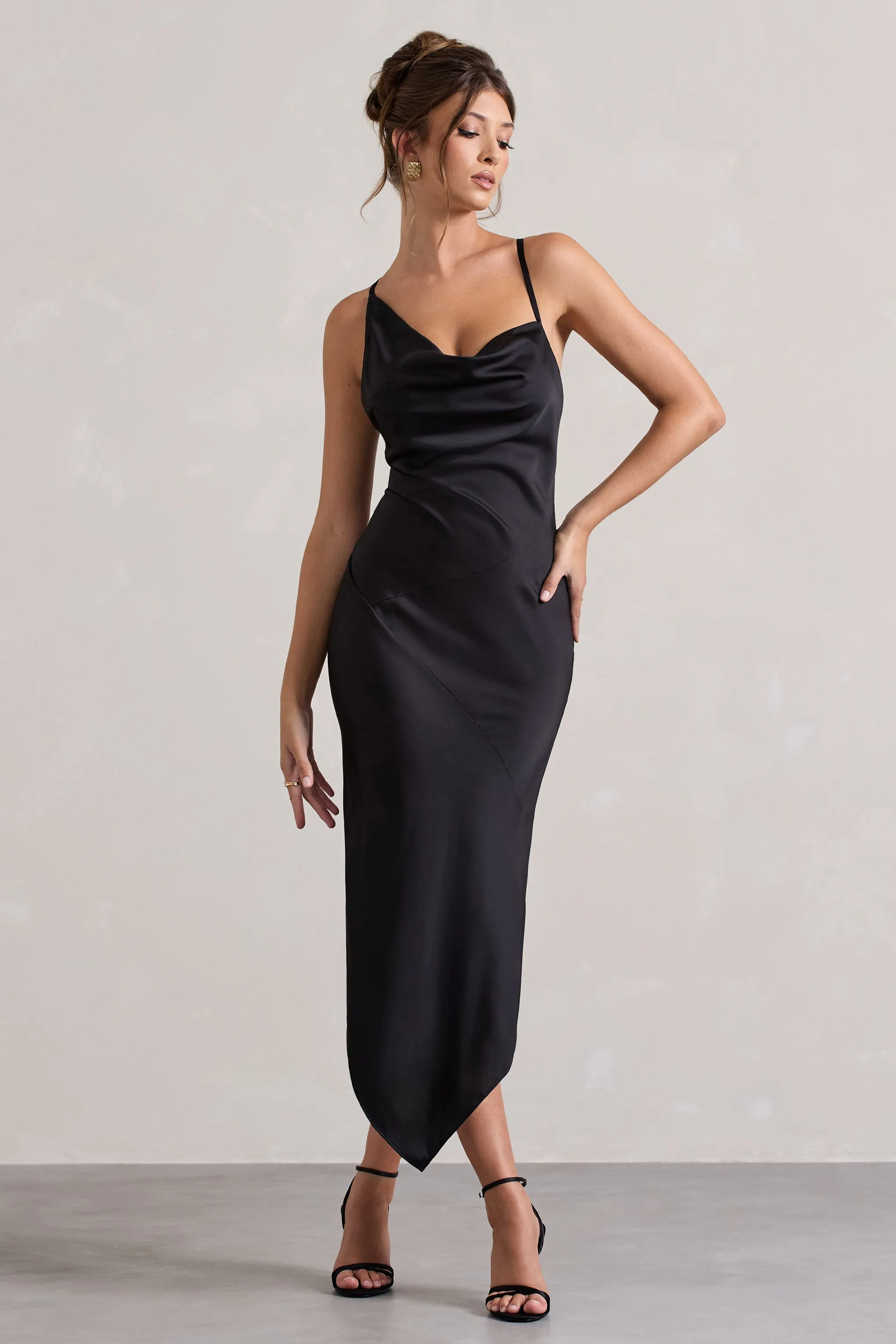 Fillie | Black Satin Asymmetric Cowl-Neck Midi Dress Club L London