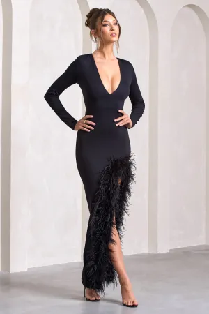 Finale | Black Feather Plunge Neck Thigh Split Maxi Dress Club L London