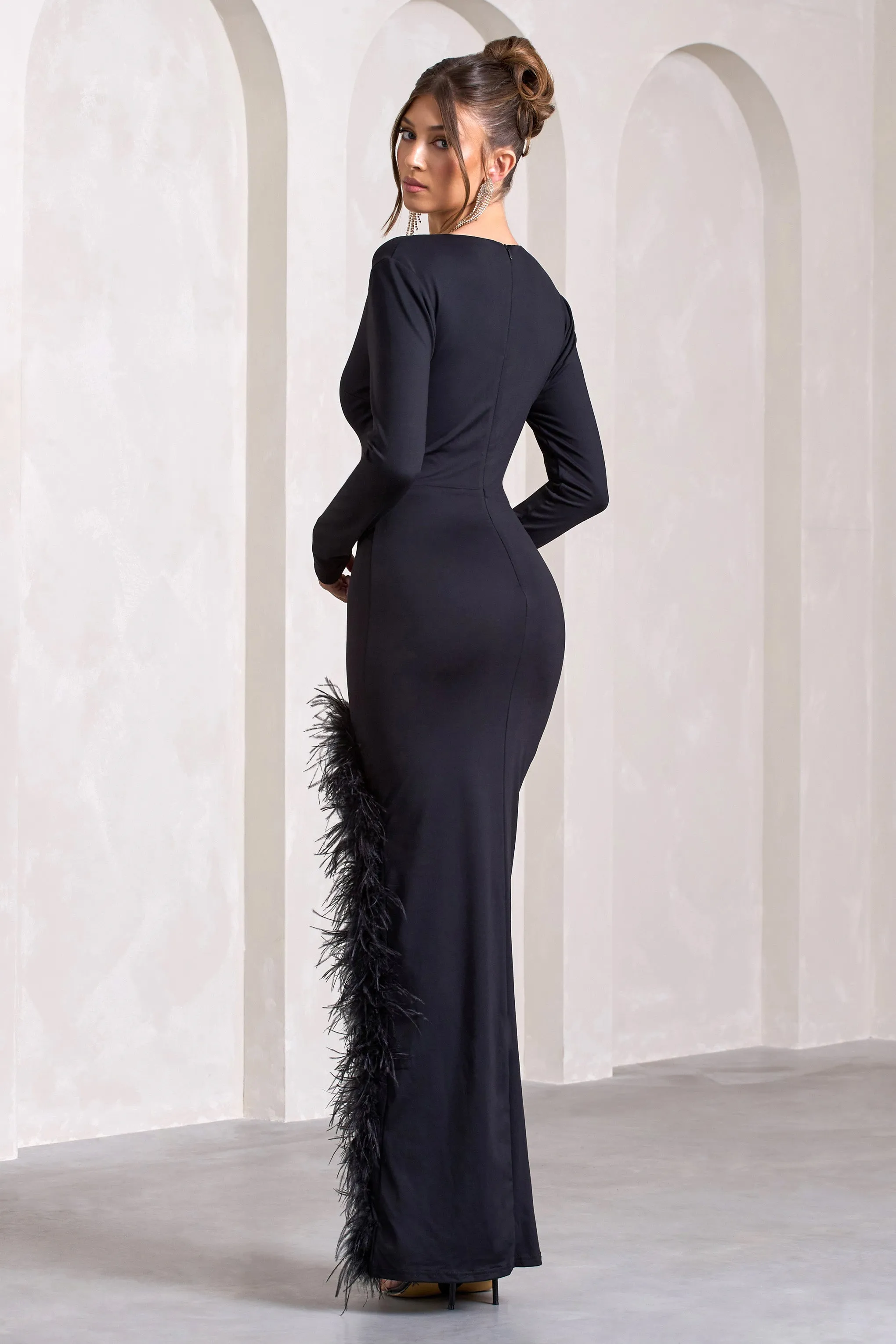 Finale | Black Feather Plunge Neck Thigh Split Maxi Dress Club L London