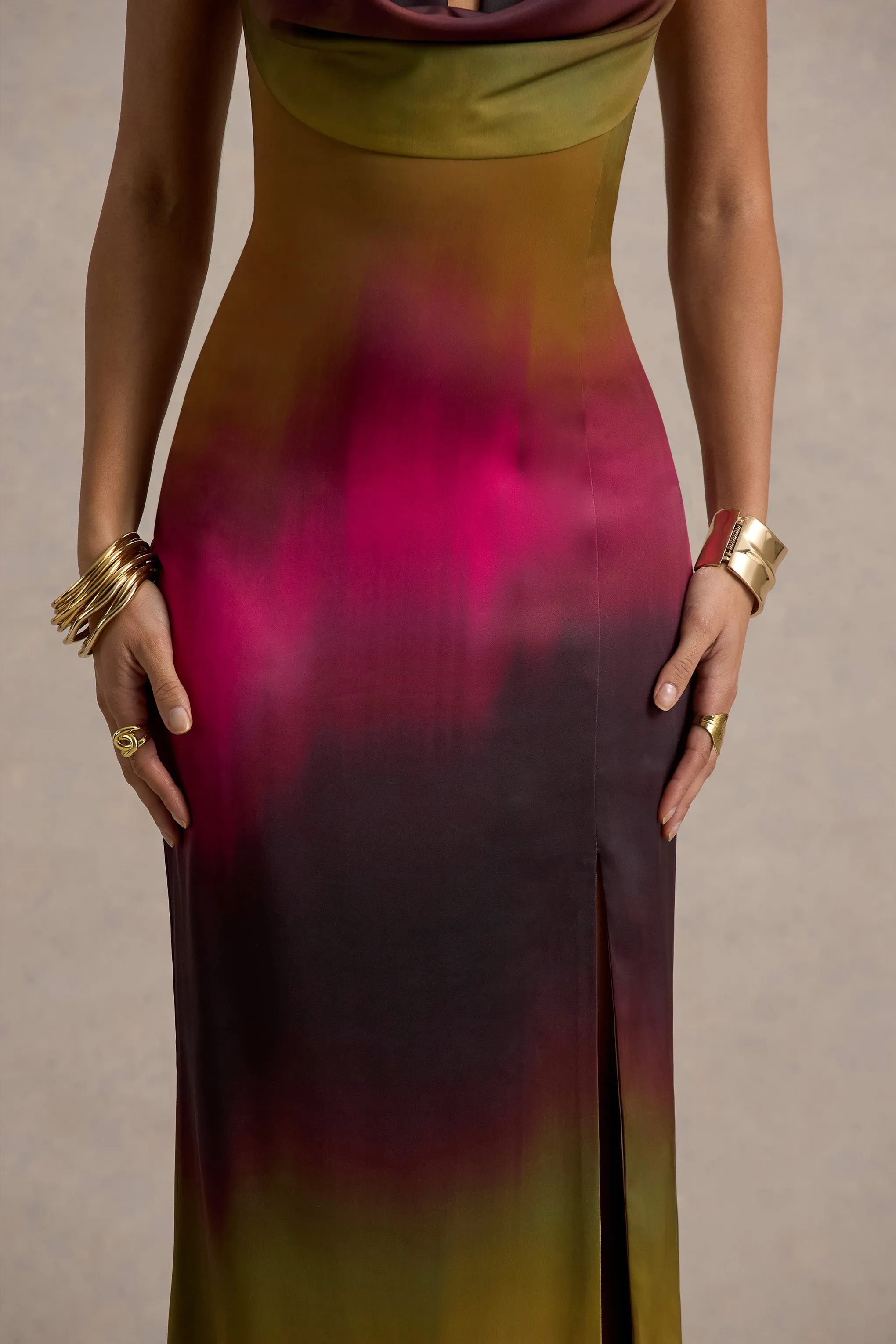 Fiorella | Ombre Print Cowl-Neck Split Maxi Dress Club L London