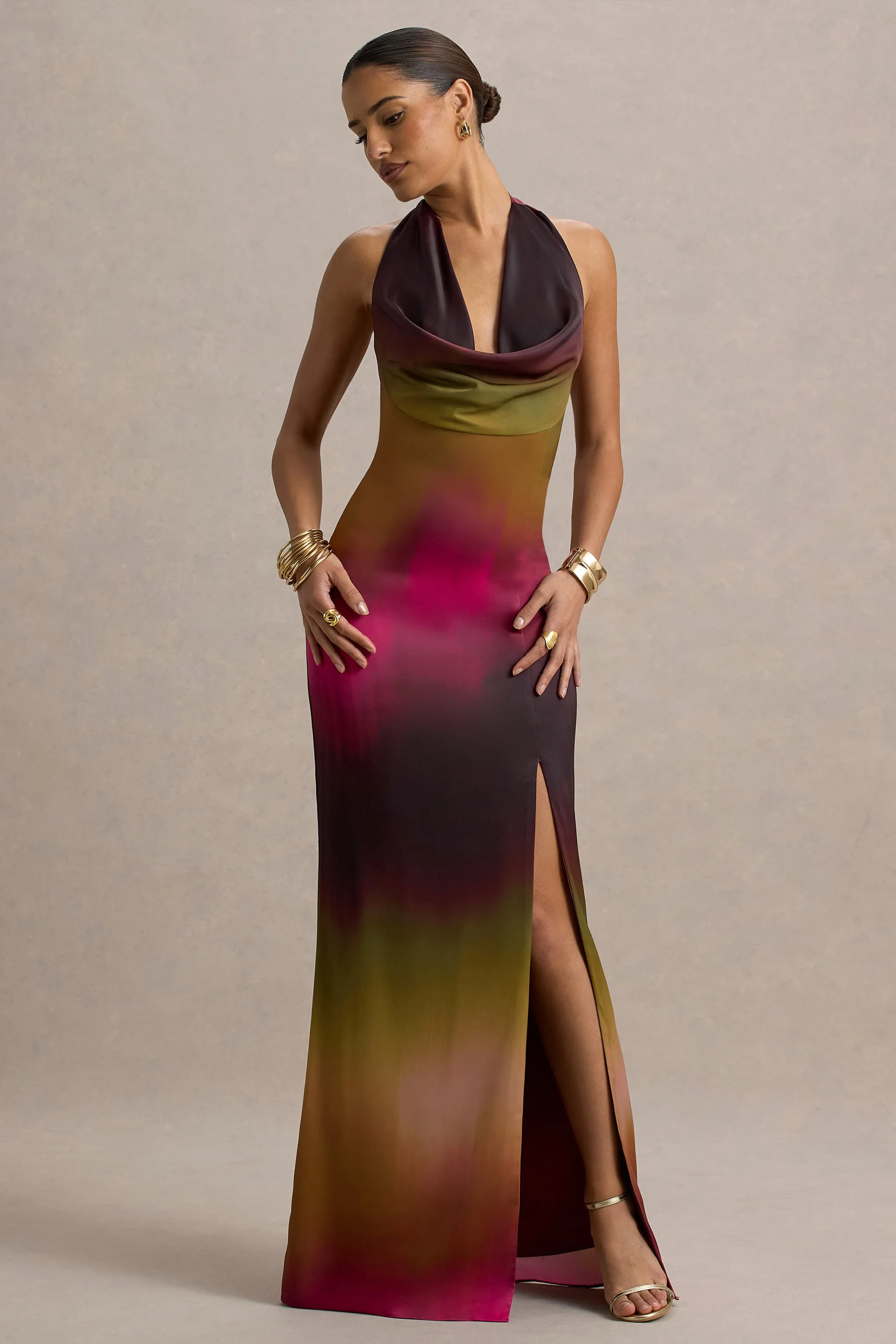 Fiorella | Ombre Print Cowl-Neck Split Maxi Dress Club L London