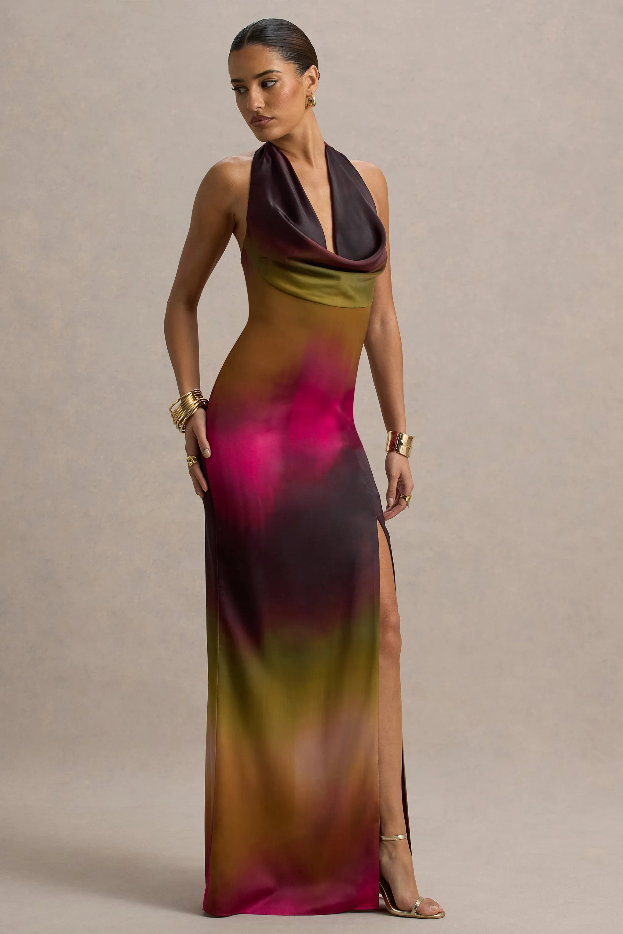 Fiorella | Ombre Print Cowl-Neck Split Maxi Dress Club L London