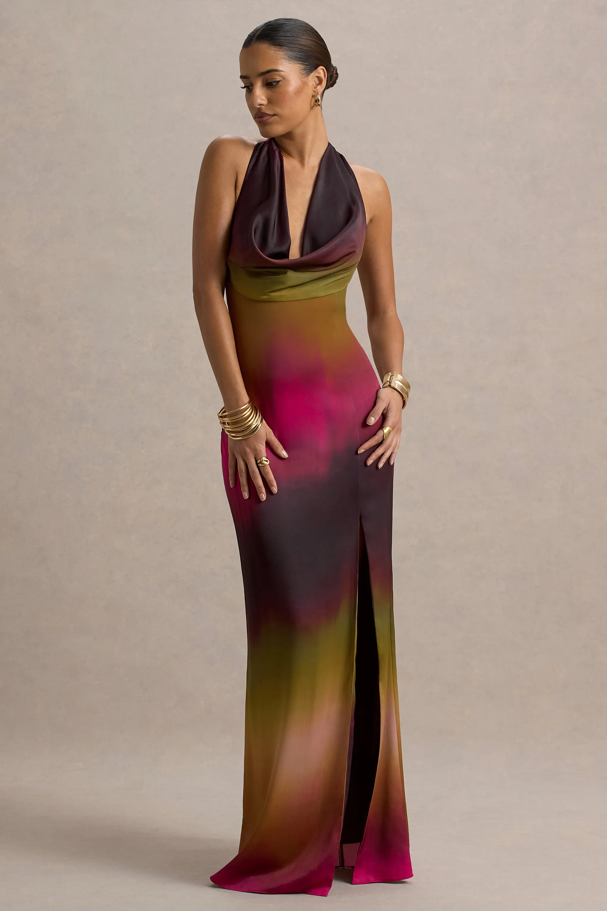 Fiorella | Ombre Print Cowl-Neck Split Maxi Dress Club L London