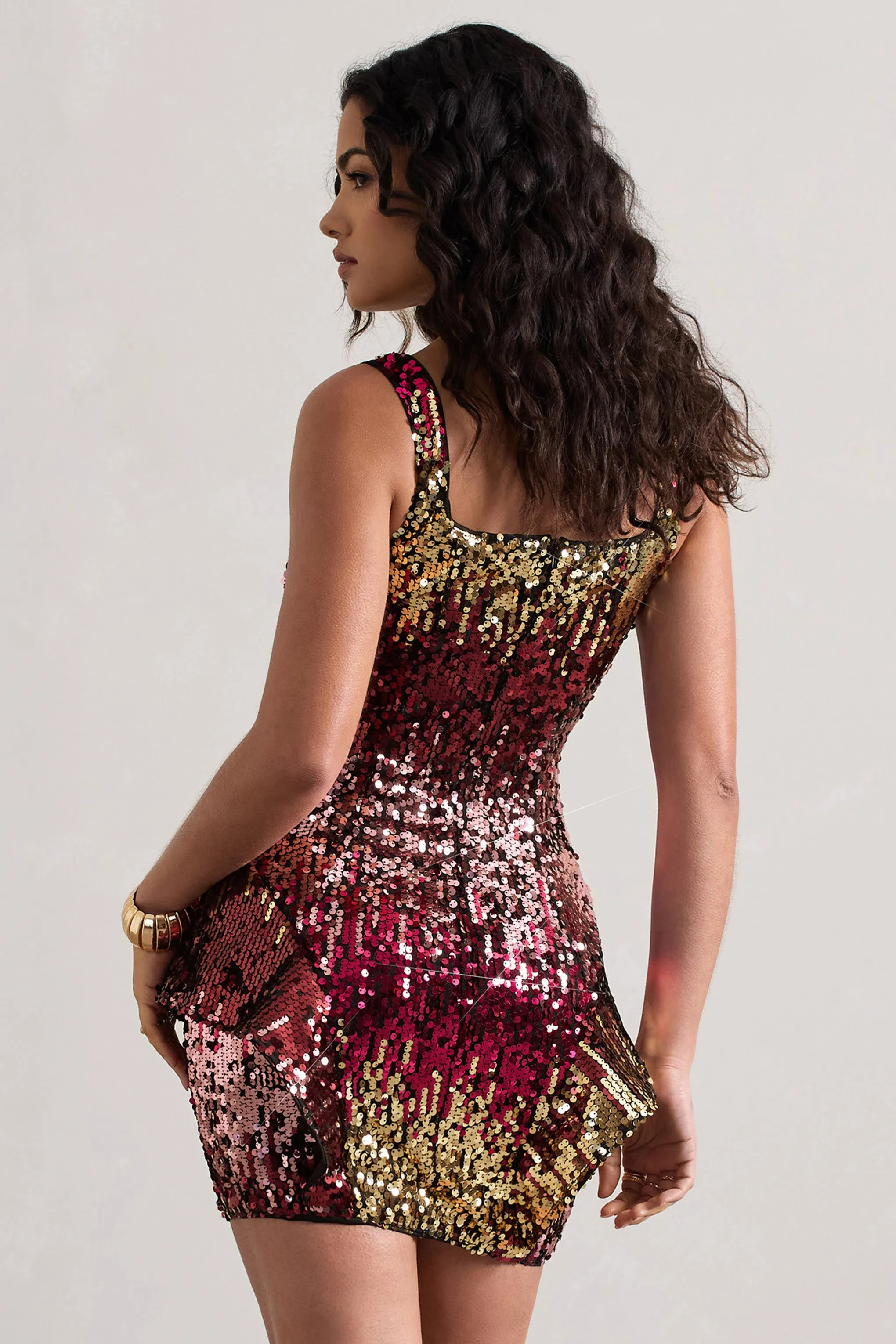 Firework | Pink & Gold Sequin Square-Neck Peplum Mini Dress Club L London