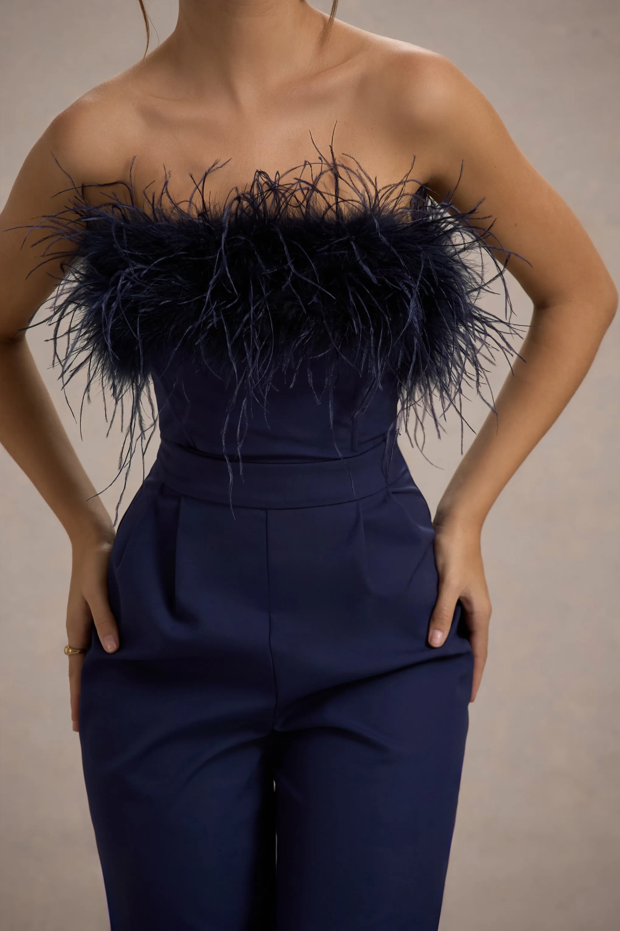 First Class | Navy Bandeau Feather Wide Leg Jumpsuit Club L London