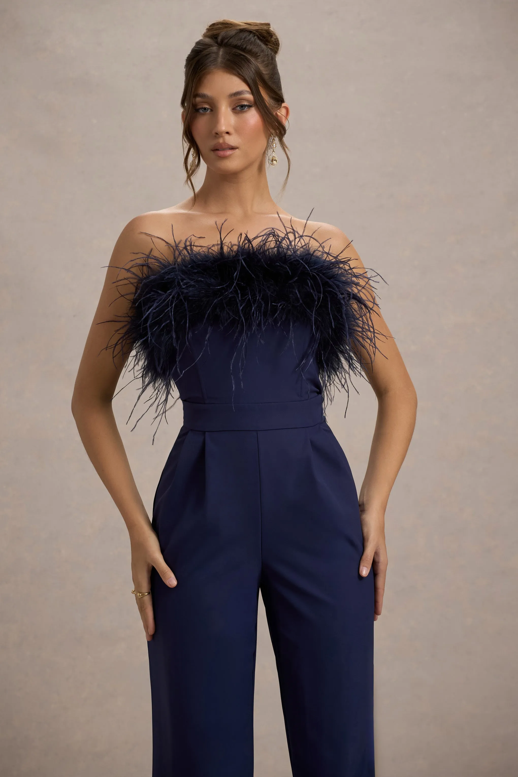 First Class | Navy Bandeau Feather Wide Leg Jumpsuit Club L London