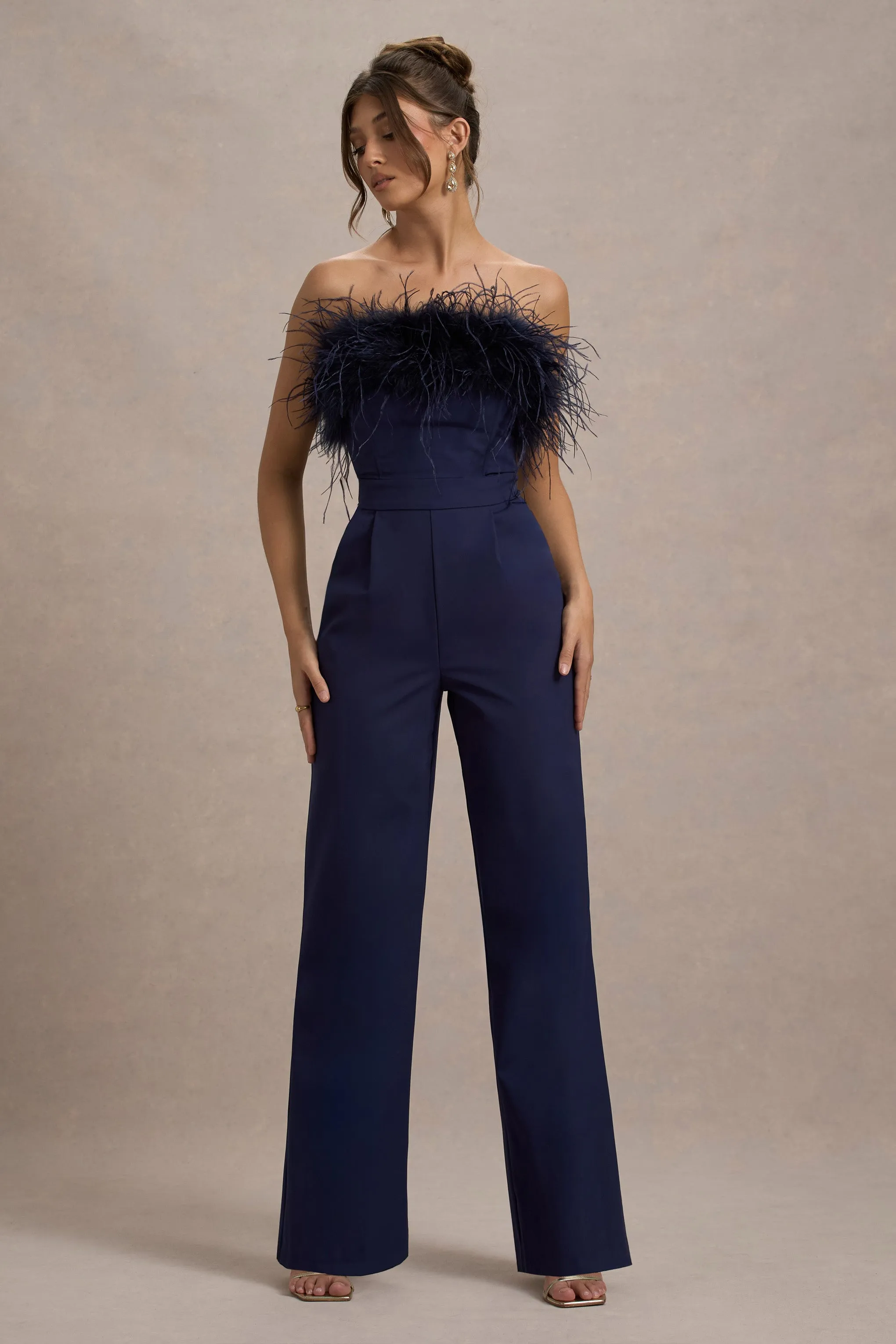 First Class | Navy Bandeau Feather Wide Leg Jumpsuit Club L London