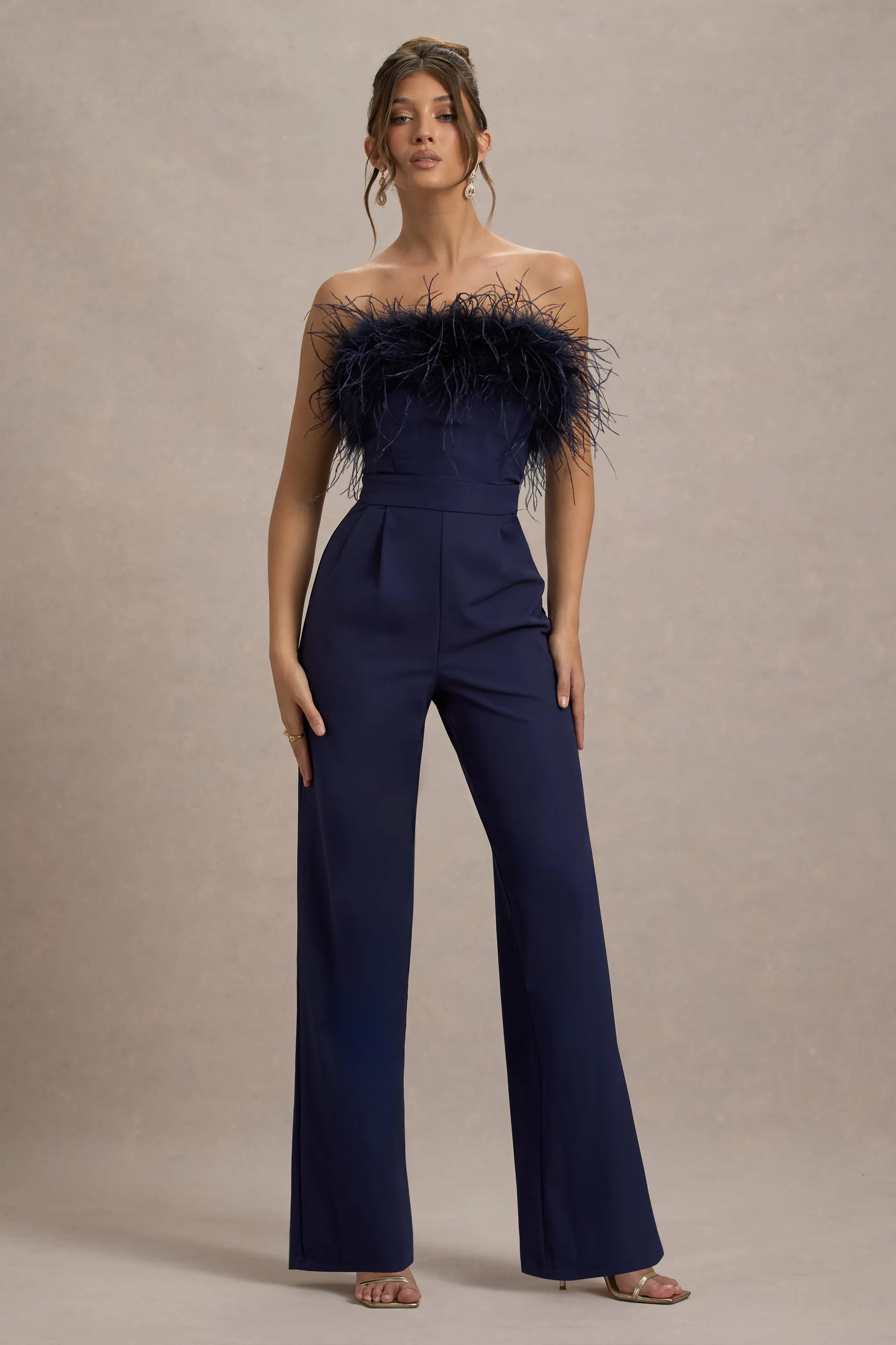 First Class | Navy Bandeau Feather Wide Leg Jumpsuit Club L London