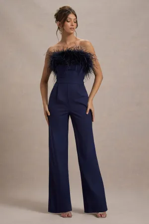 First Class | Navy Bandeau Feather Wide Leg Jumpsuit Club L London